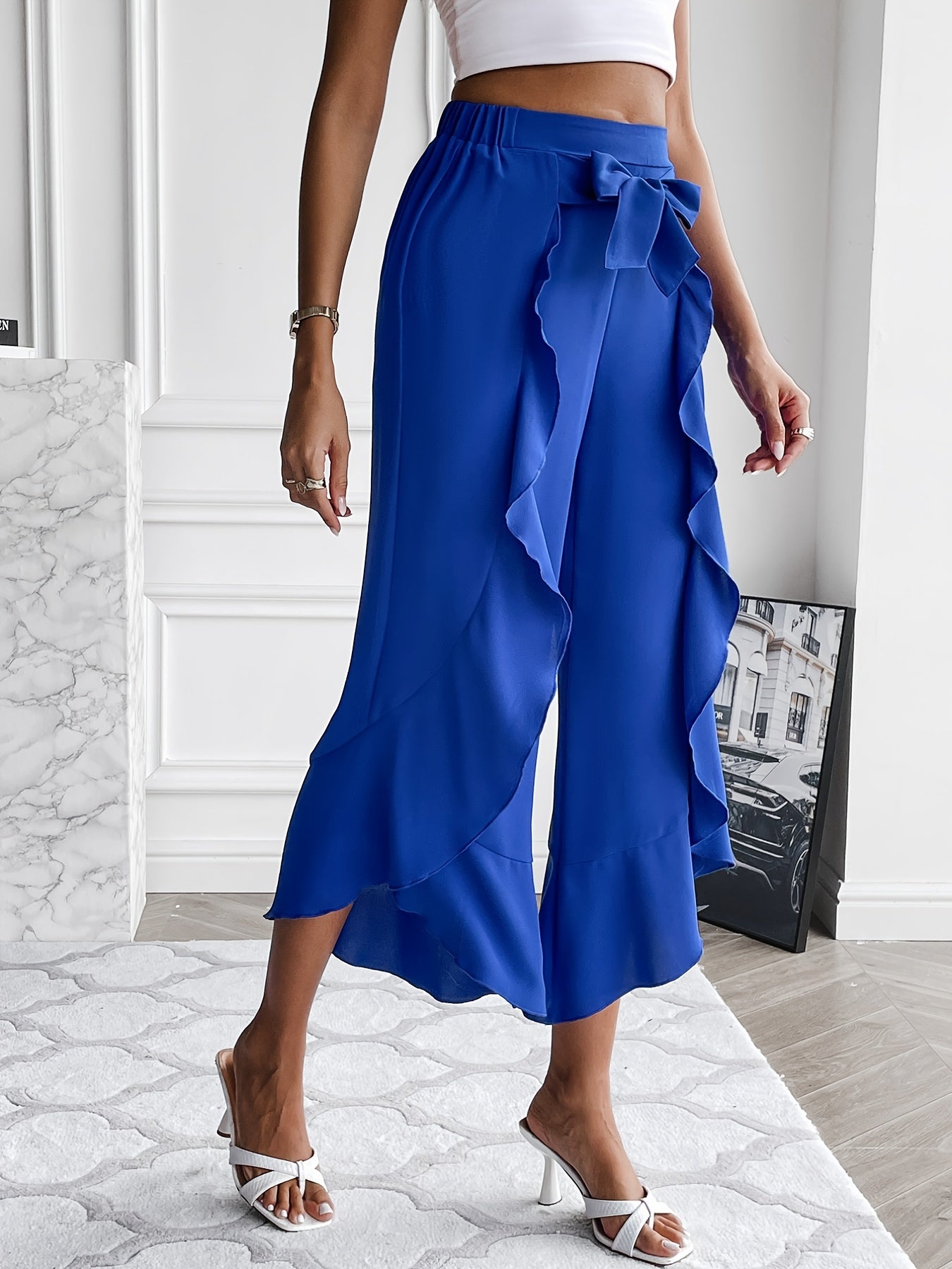 gbolsos Tie Front Irregular Ruffle Trim Pants, Casual Loose Pants For Spring & Fall, Women's Clothing