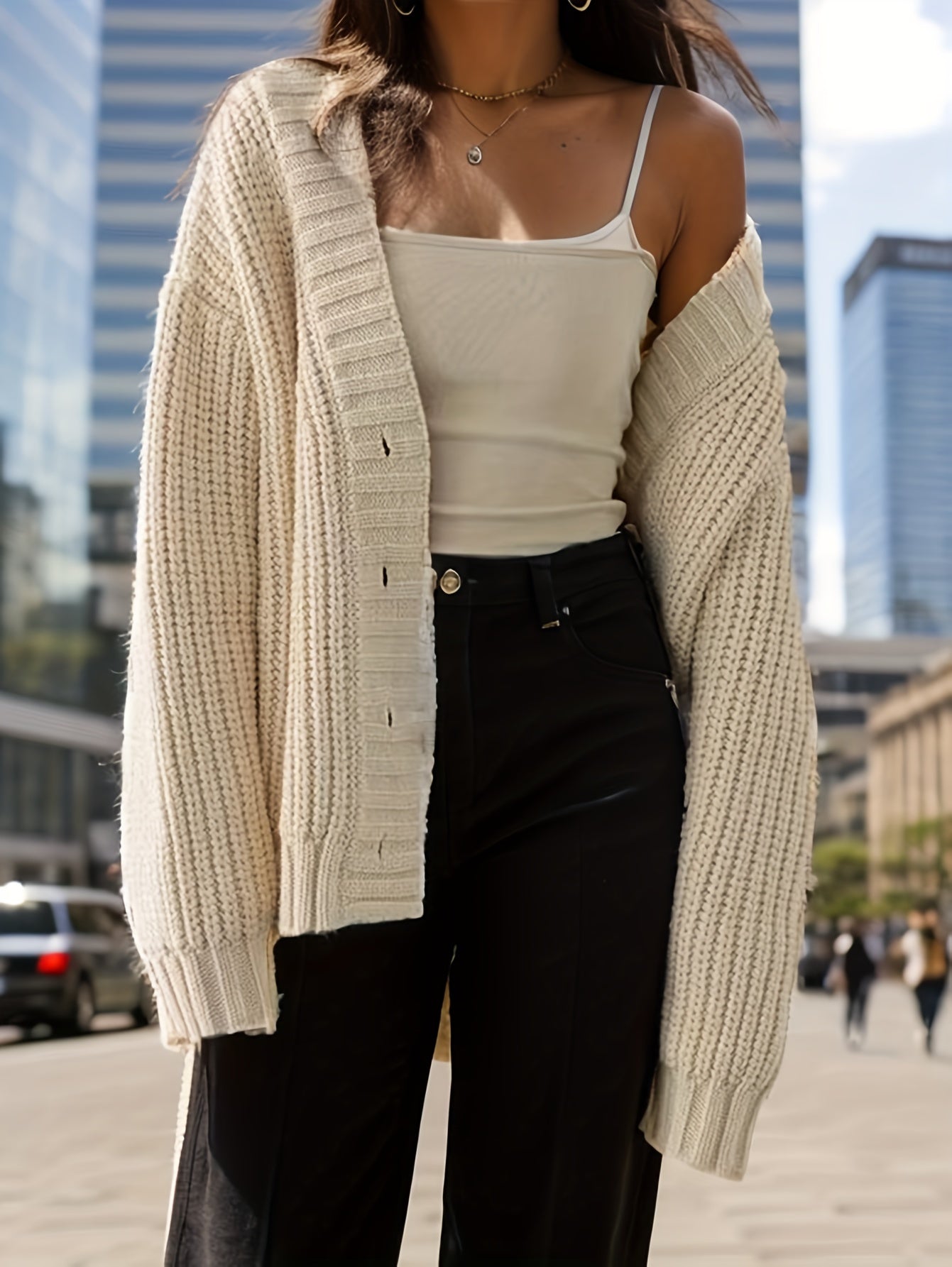 gbolsos Solid Knitted Button Front Cardigan, Casual Long Sleeve Cardigan, Women's Clothing
