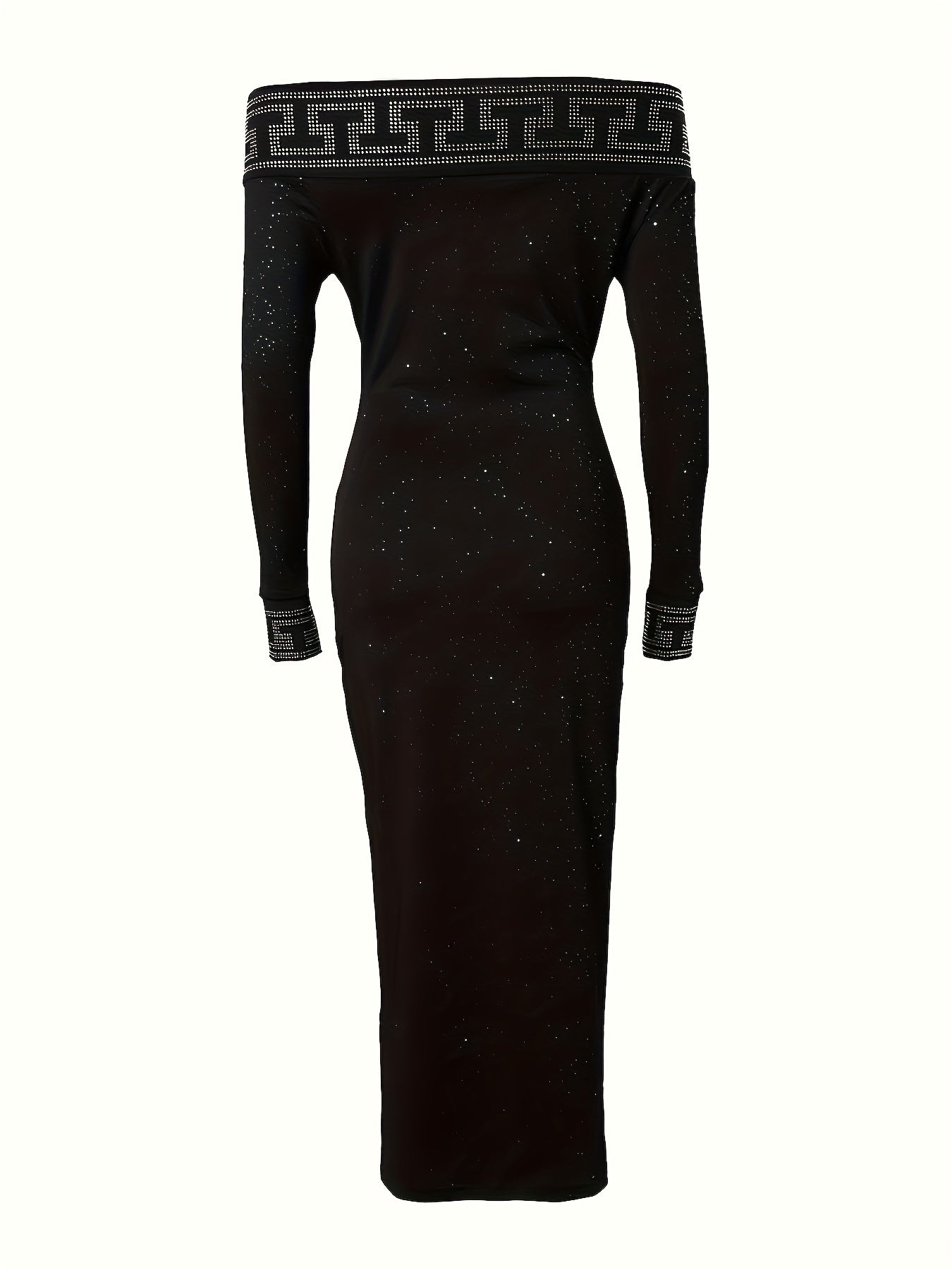 gbolsos Rhinestoned Off Shoulder Bodycon Dress, Elegant Long Sleeve Slim Dress For Party & Banquet, Women's Clothing