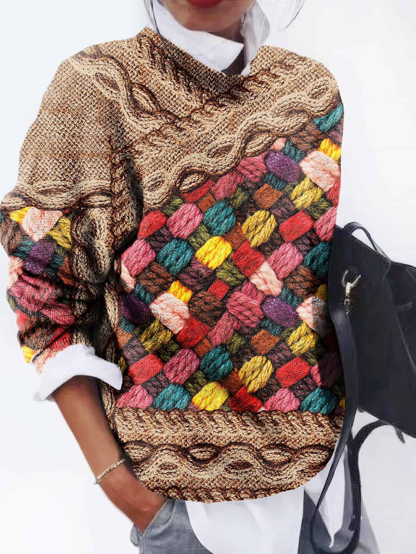 gbolsos FULL PRINTED Thin Sweater, Casual Long Sleeve Sweater For Spring & Fall, Women's Clothing