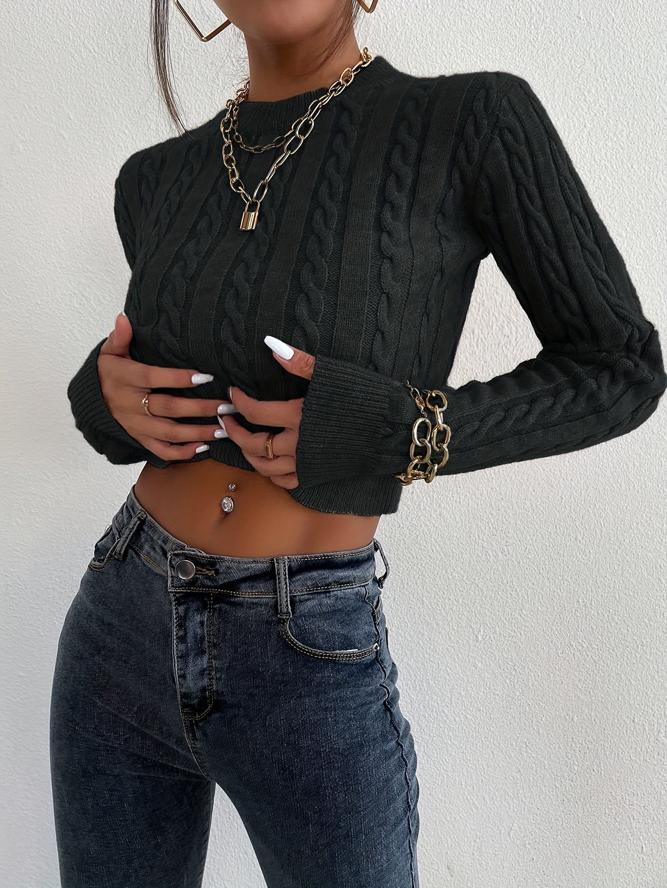 gbolsos Solid Crew Neck Cable Knit Sweater, Casual Long Sleeve Crop Slim Sweater, Women's Clothing