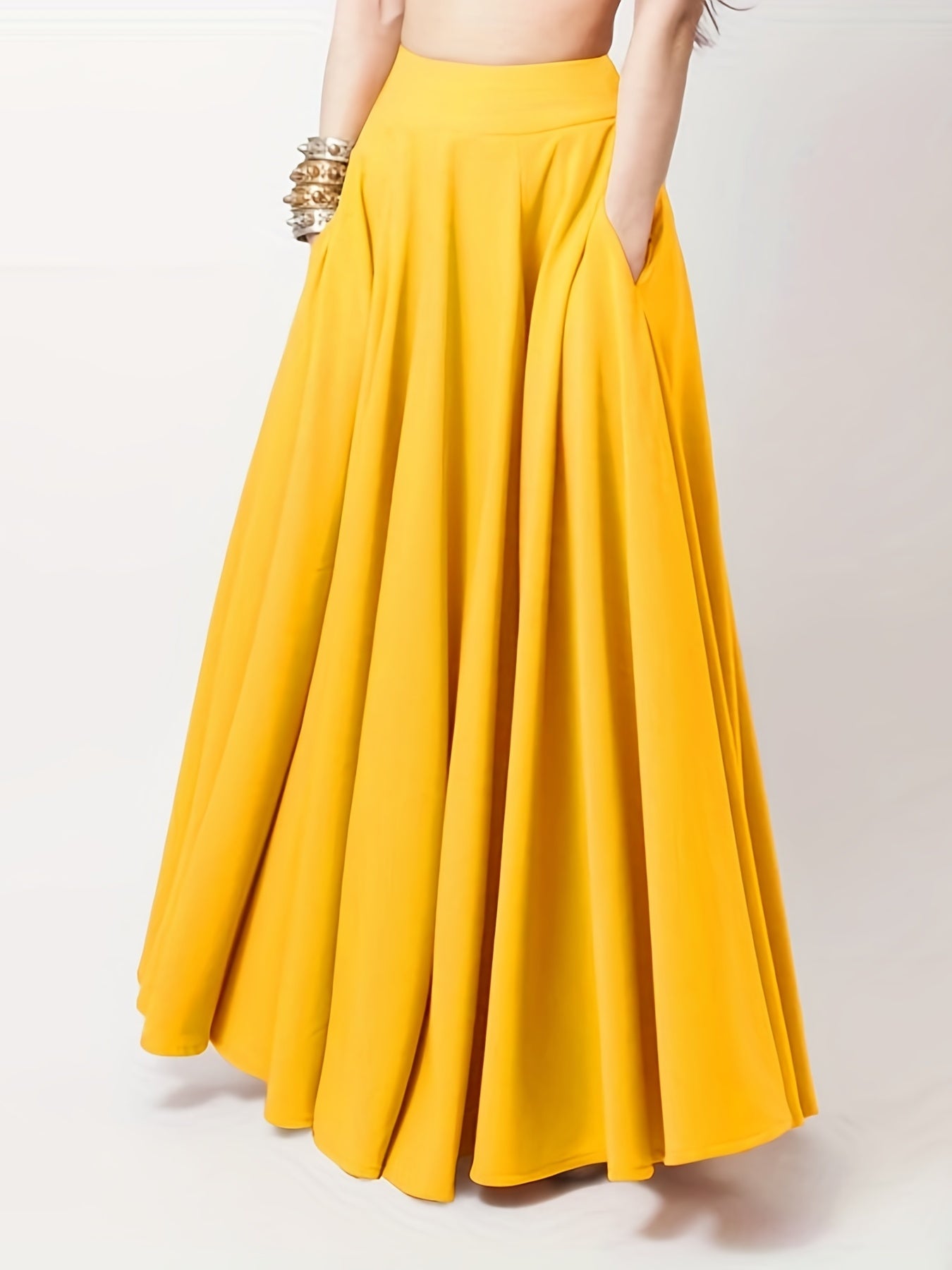 gbolsos High Waist Pleated Skirts, Casual Zipper Solid Maxi Skirts, Women's Clothing