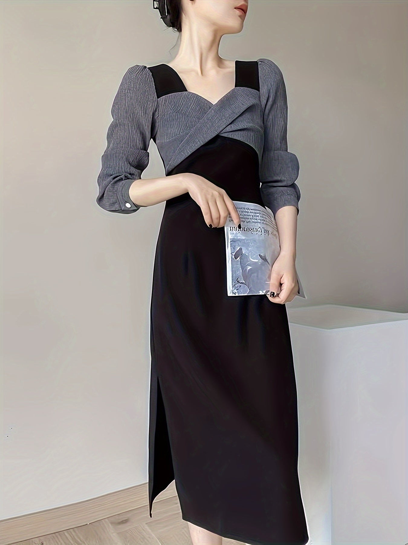 gbolsos Faux Twinset Twist Front Dress, Chic Long Sleeve A-line Dress For Spring & Fall, Women's Clothing