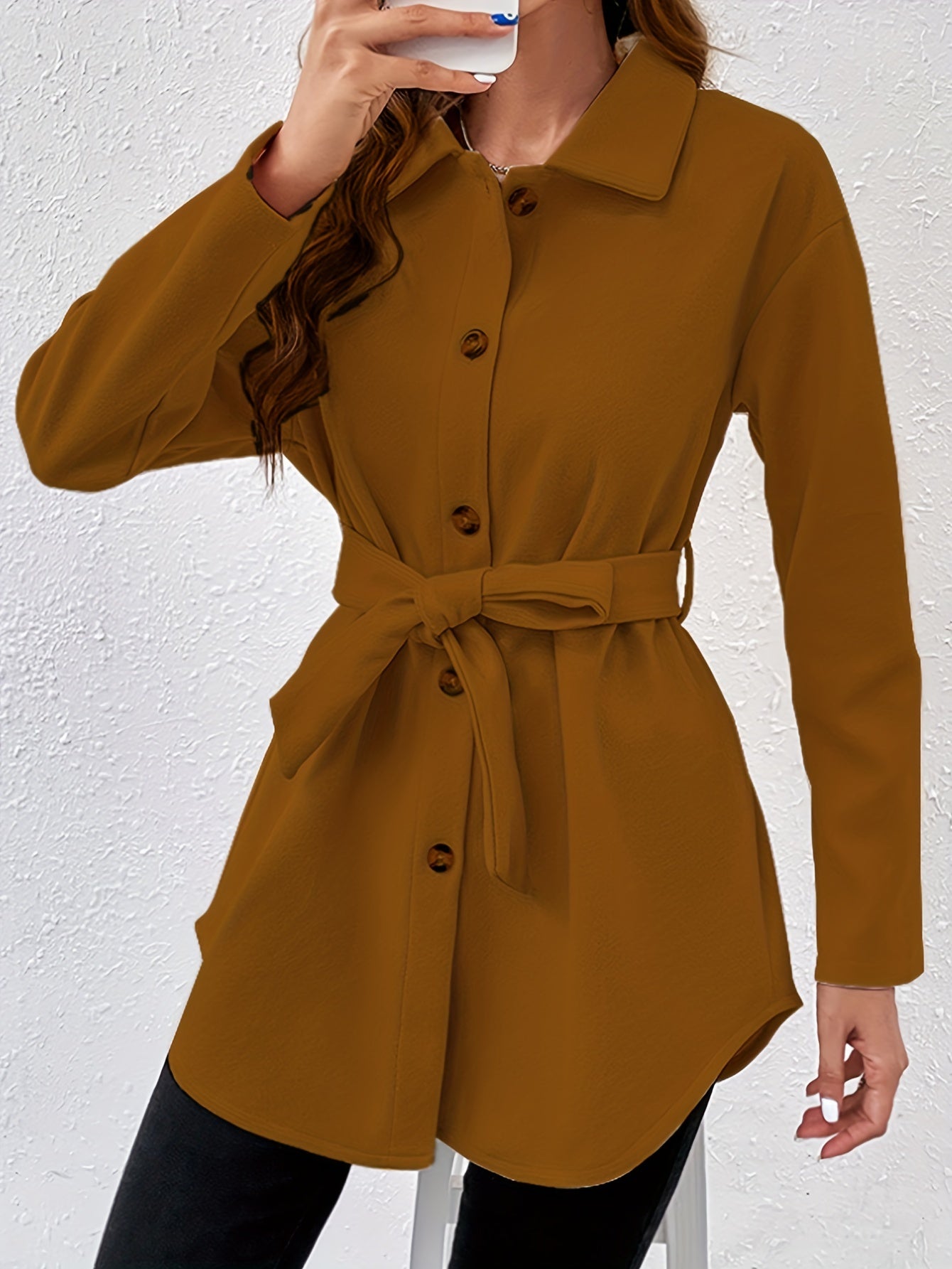 Solid Button Front Coat, Elegant Collared Long Sleeve Outerwear, Women's Clothing
