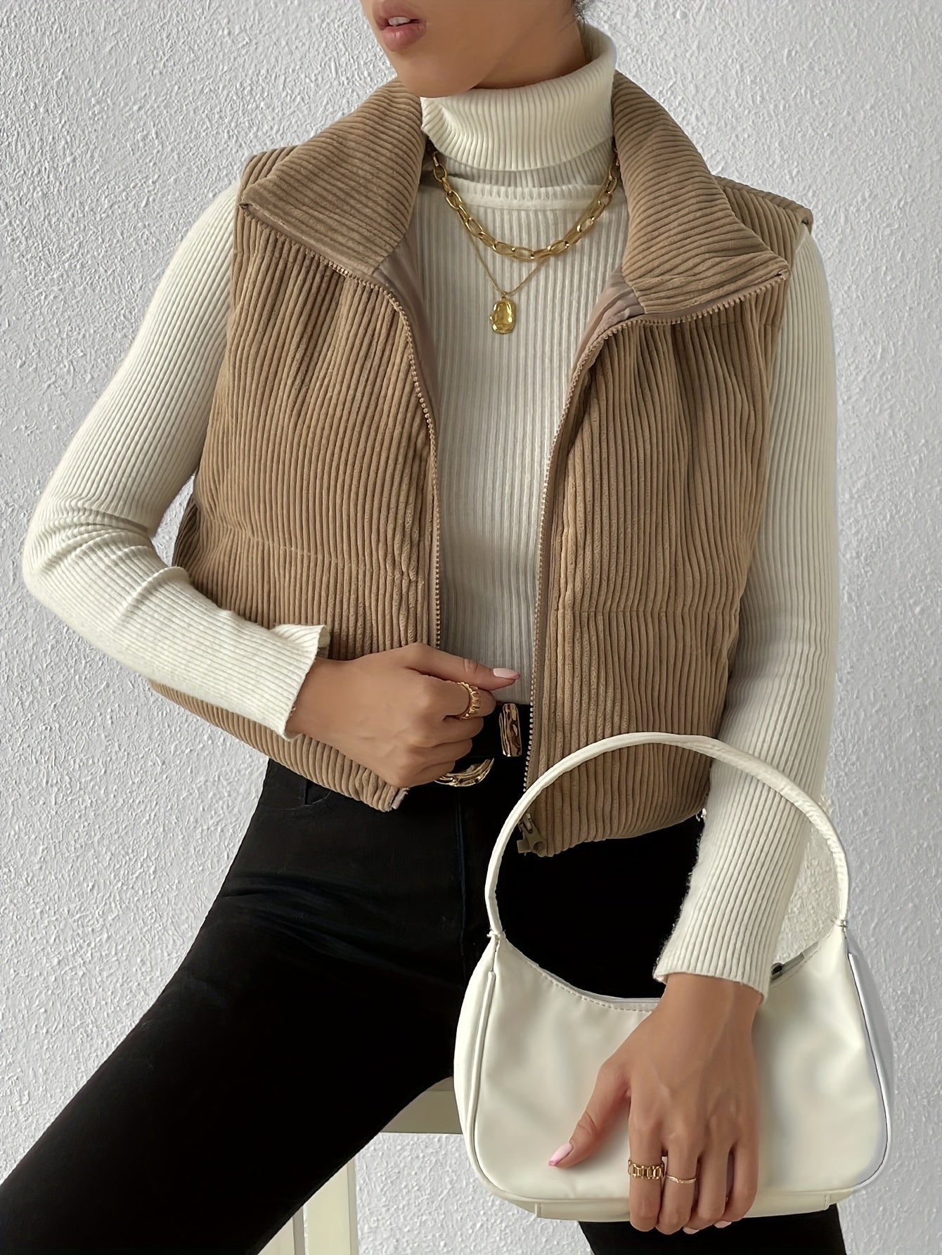 gbolsos Zip Up High Neck Vest, Casual Solid Simple Sleeveless Vest, Women's Clothing