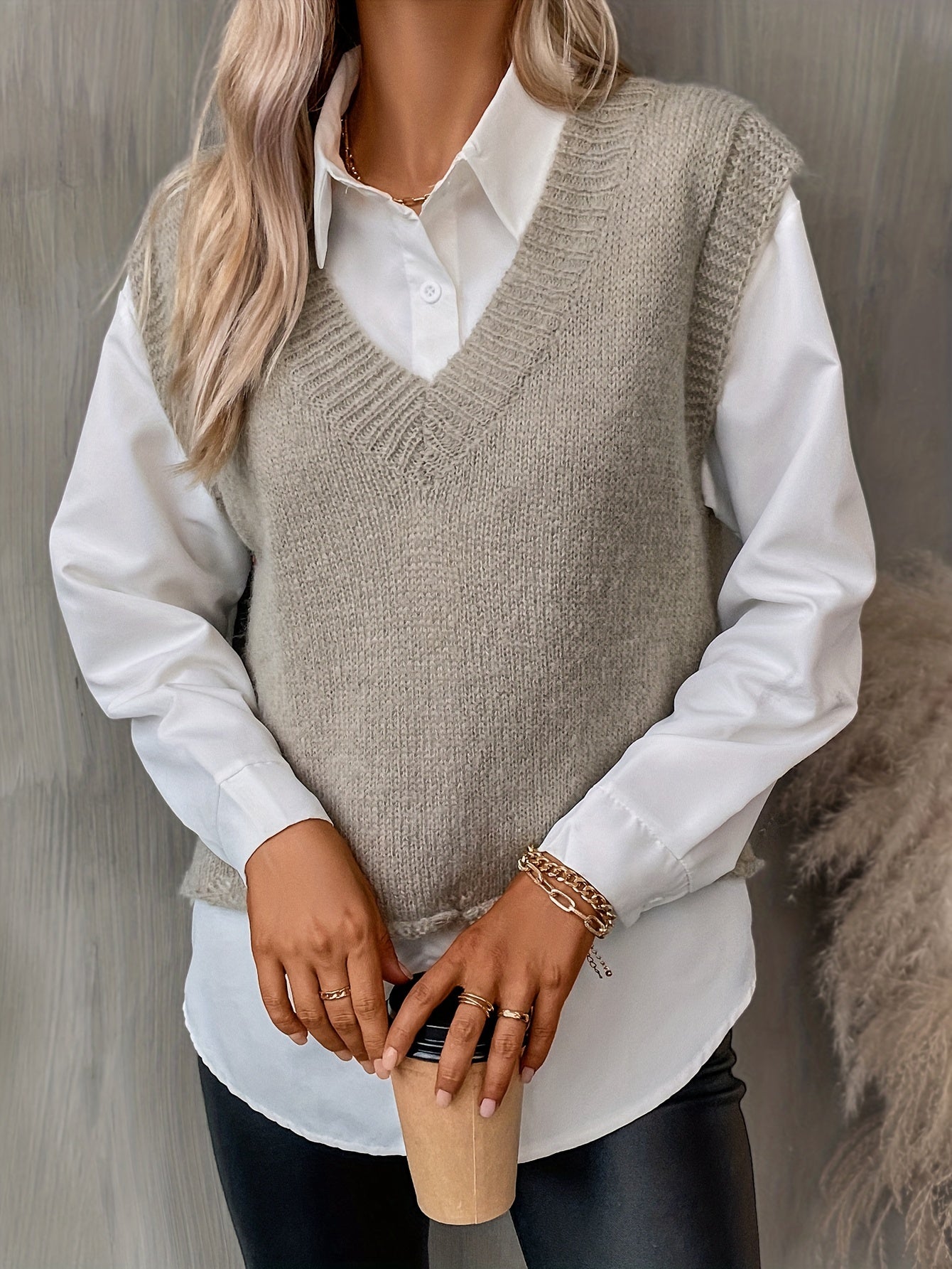gbolsos Solid Color V Neck Pullover Sweater, Sleeveless Knitted Tank Top For Spring & Fall, Women's Clothing