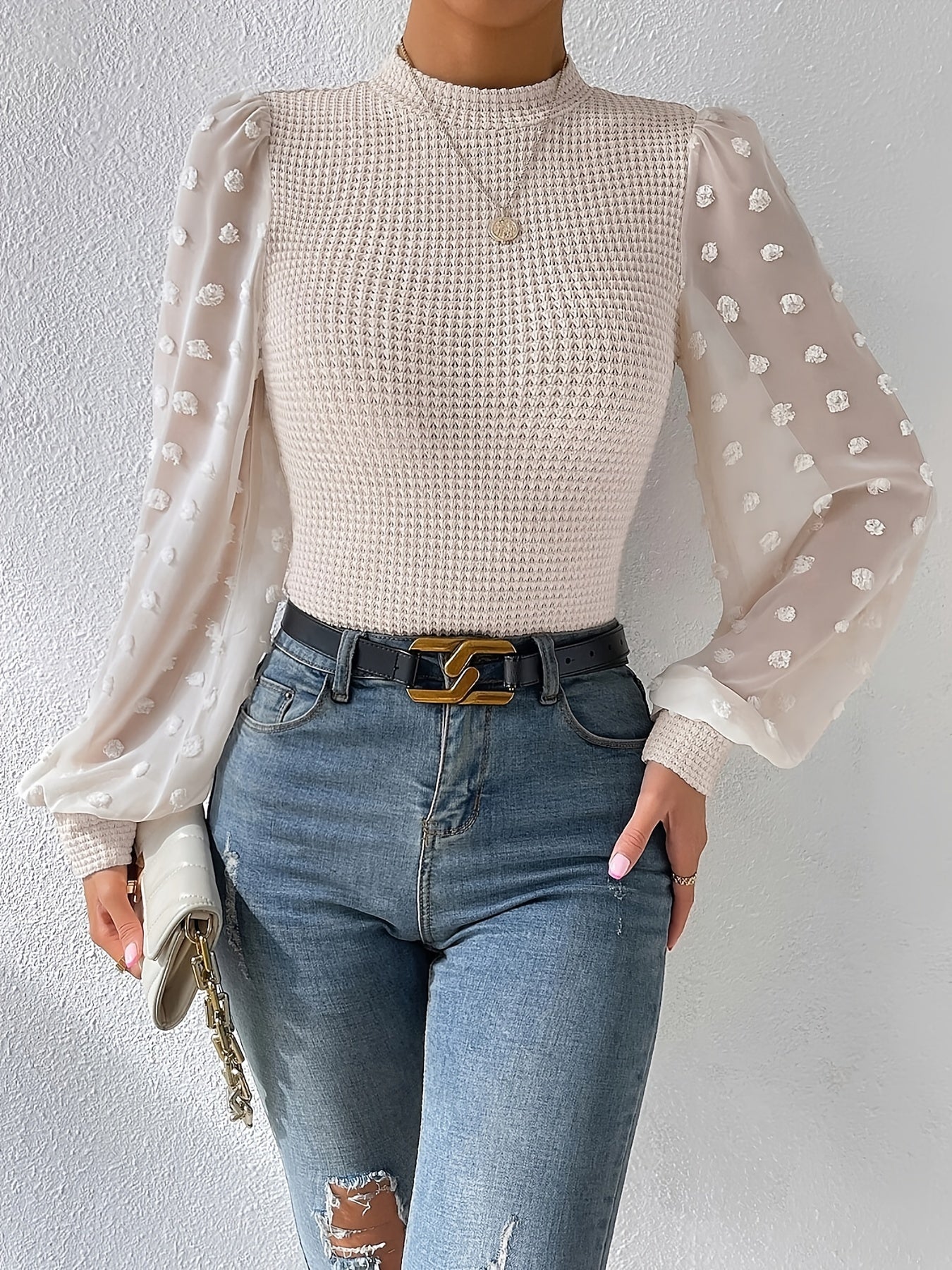 gbolsos Swiss Dot Mock Neck Blouse, Casual Long Lantern Sleeve Blouse For Spring & Fall, Women's Clothing