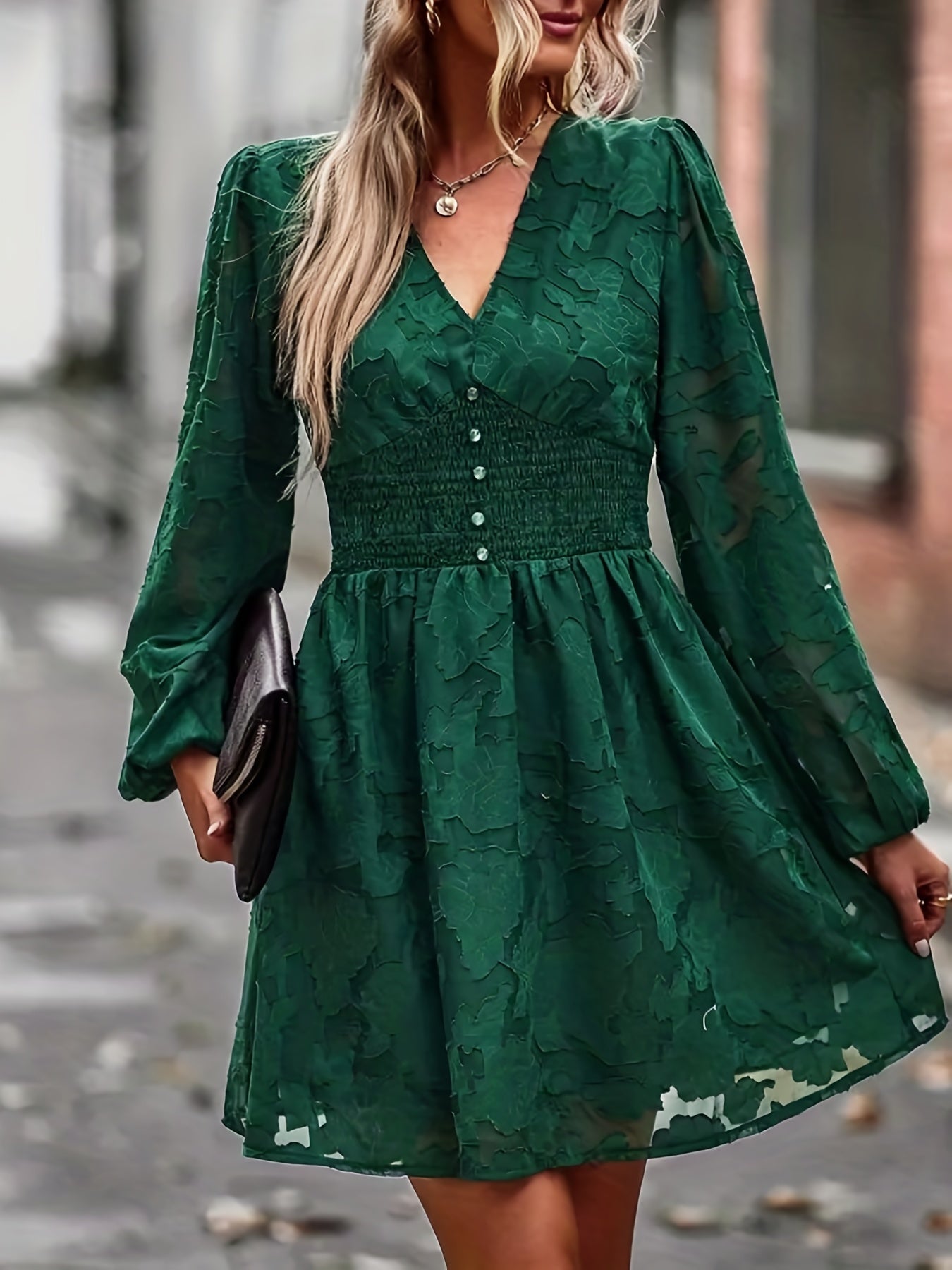 gbolsos Floral Jacquard Solid Dress, Elegant V Neck Long Sleeve Shirred Dress, Women's Clothing