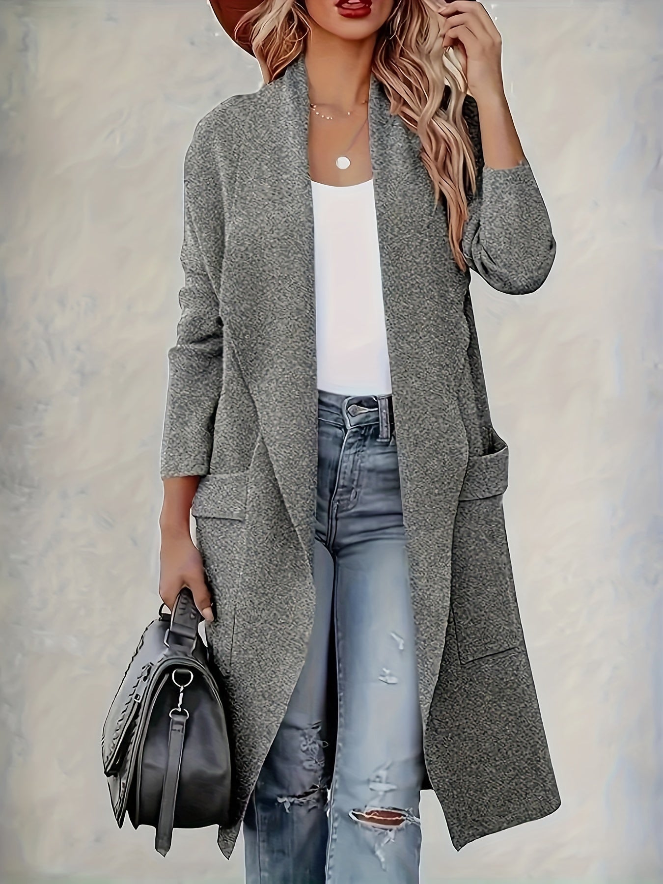 Plus Size Elegant Coat, Women's Plus Solid Long Sleeve Open Front Lapel Collar Longline Cardigan Coat With Pockets