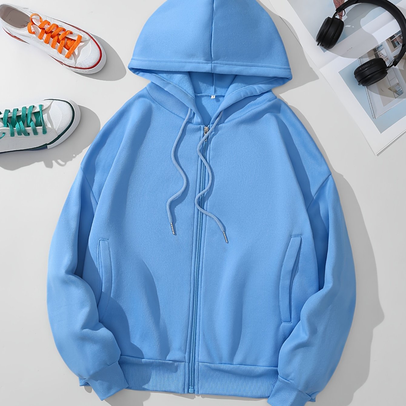 gbolsosSolid Zip Up Hoodie With Pocket, Drawstring Long Sleeves Active Hooded Sweatshirt