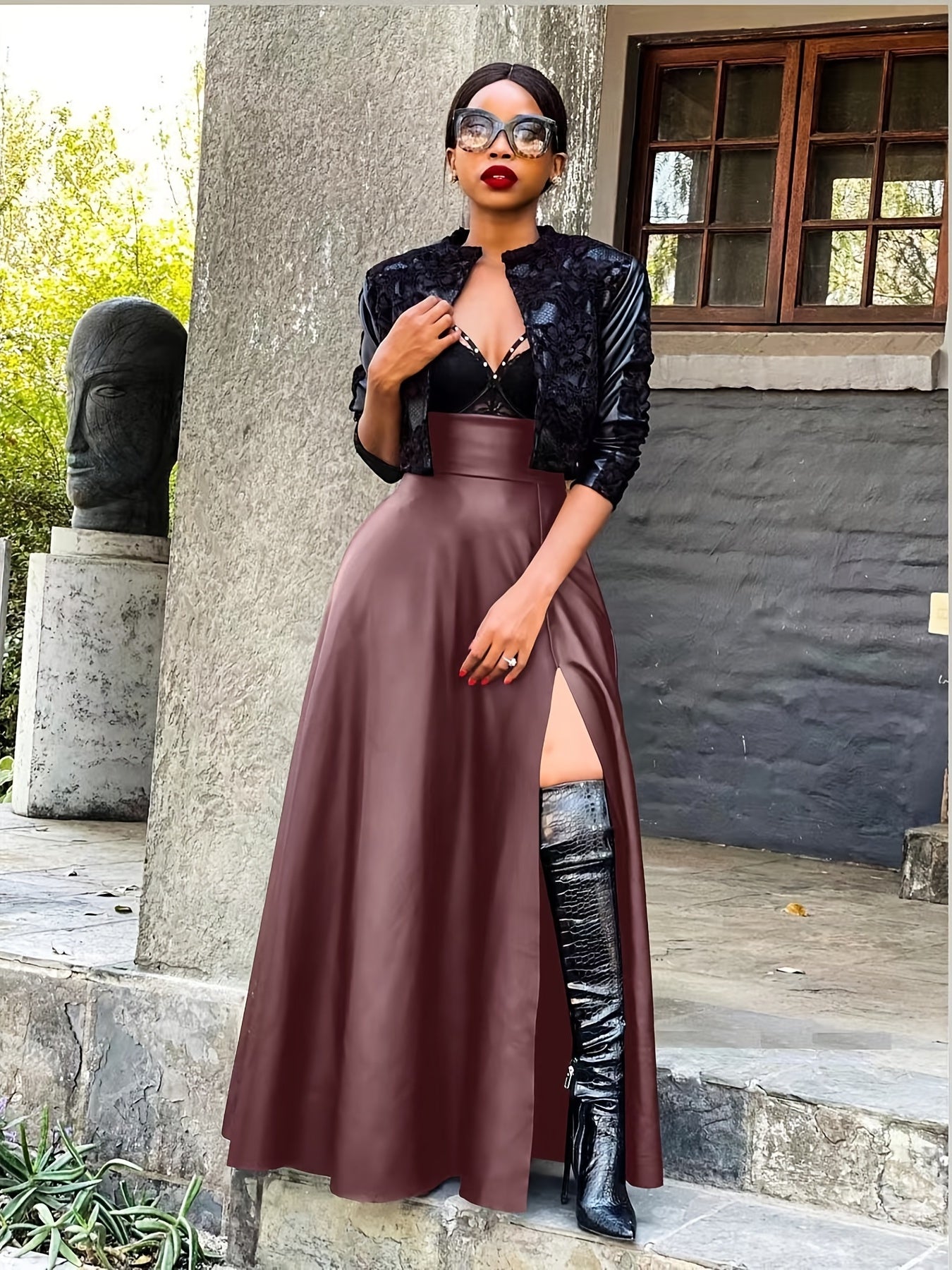 High Waist PU Leather Skirt, Sexy Side Slit Casual Skirt For Spring & Summer, Women's Clothing