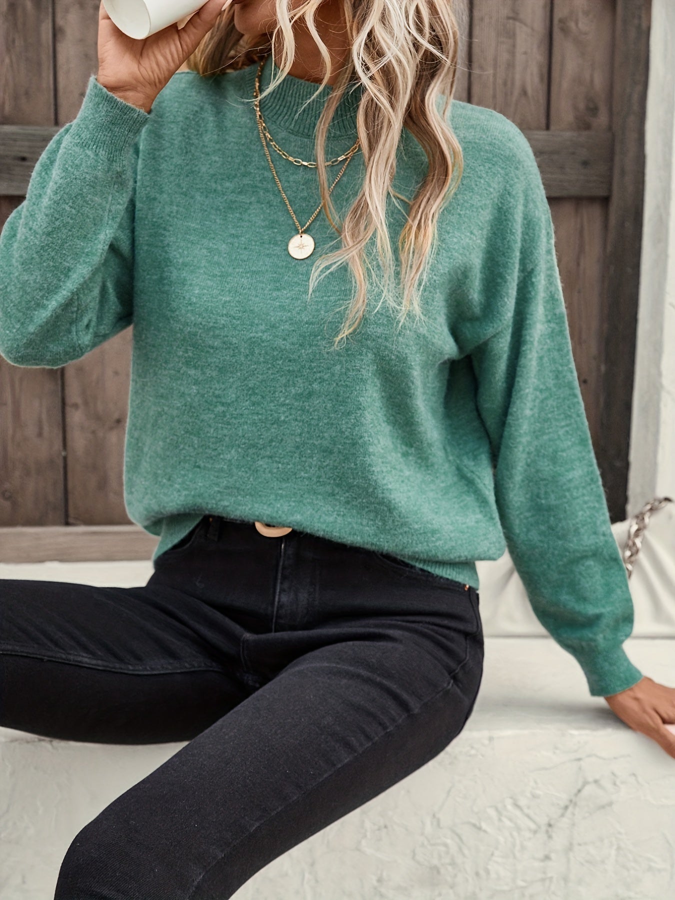 gbolsos Solid Mock Neck Pullover Sweater, Casual Long Sleeve Sweater, Women's Clothing