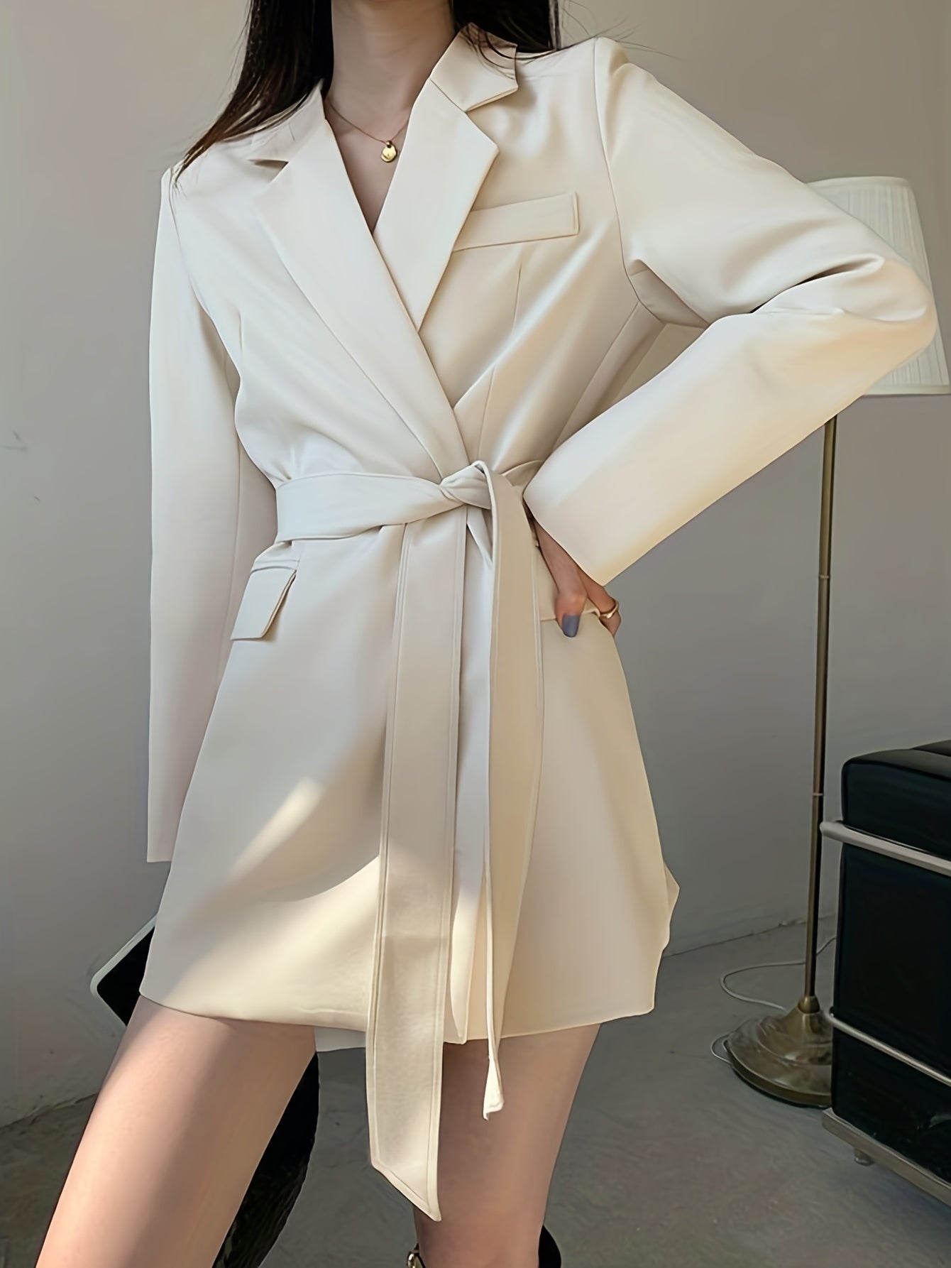 gbolsosSolid Tie-waist Lapel Blazer, Elegant Long Sleeve Outerwear For Work & Office, Women's Clothing
