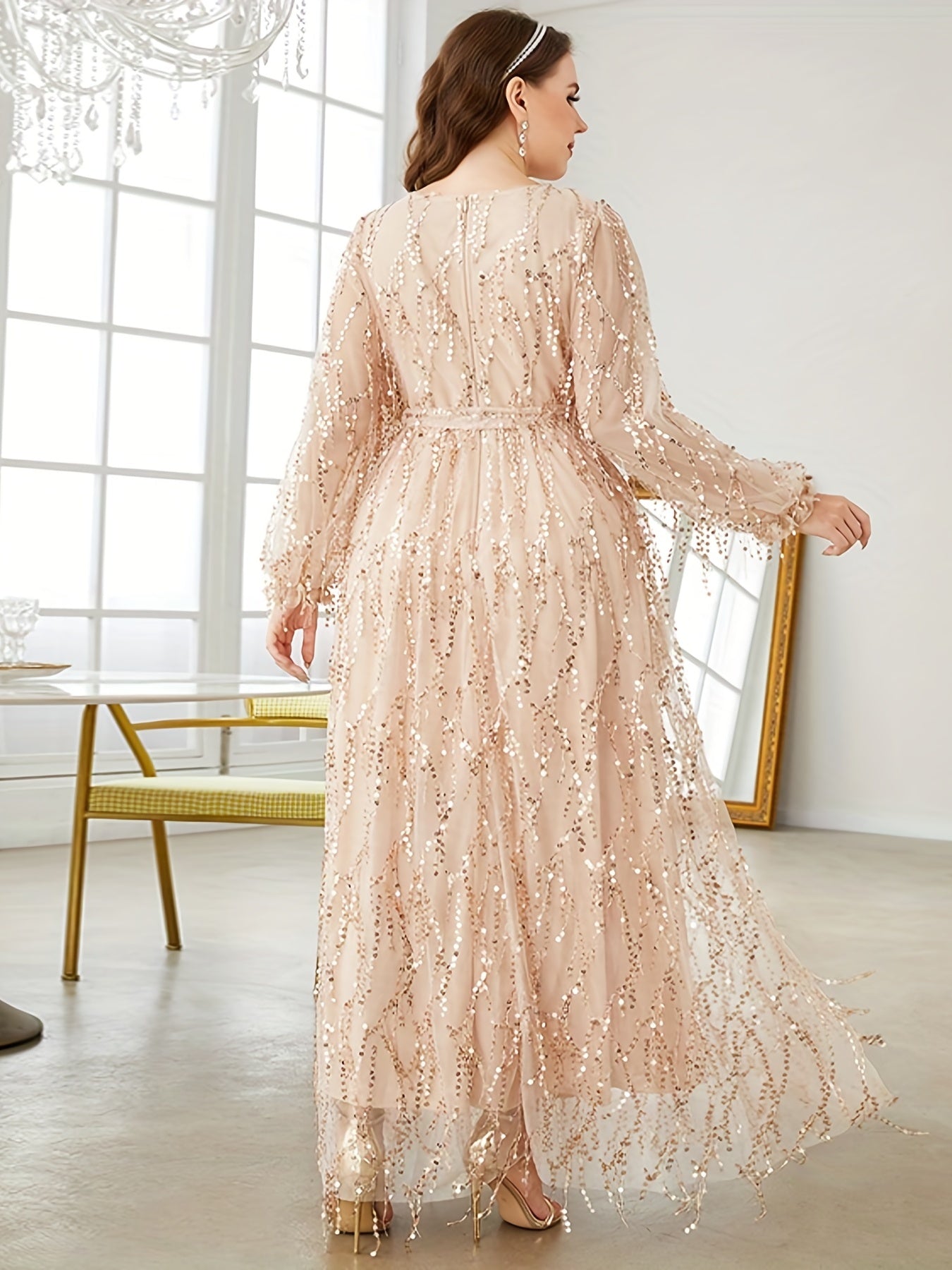 gbolsos Plus Size Elegant Bridesmaid Dress, Women's Plus Sequin Fringe Decor Lantern Sleeve Surplice Neck Belted Formal Party Maxi Dress