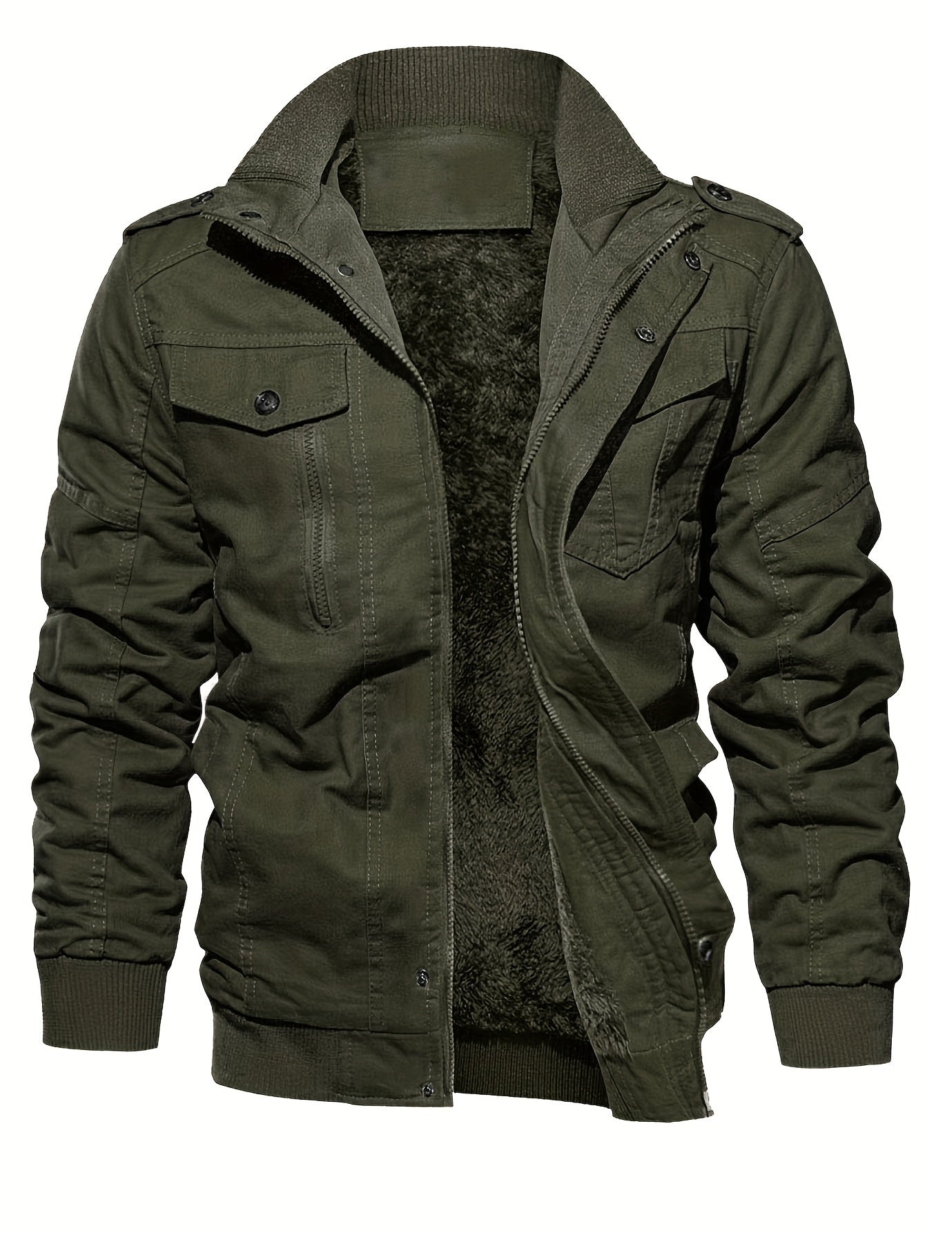 gbolsos Warm Plush Fleece Cotton Jacket, Men's Casual Zipper Pockets Stand Collar Jacket Coat For Fall Winter