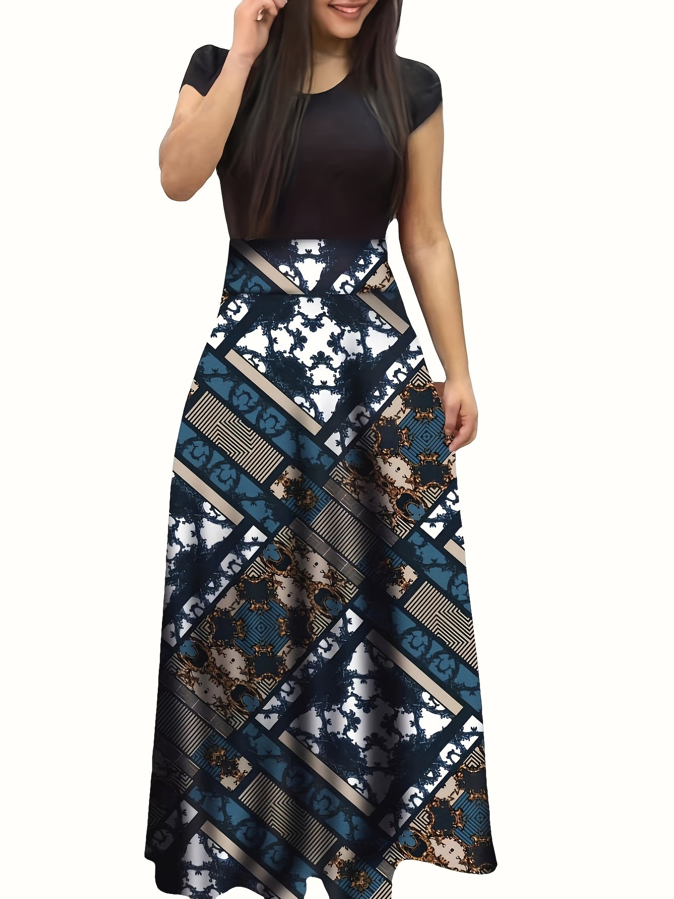 gbolsos Floral Print Splicing Dress, Elegant Crew Neck Short Sleeve Pleated Maxi Dress, Women's Clothing
