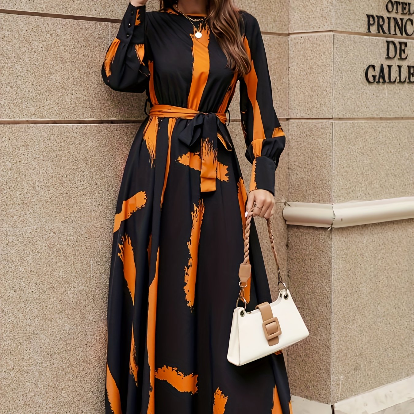 gbolsos Brush Print Keyhole Dress, Elegant Long Sleeve Maxi Dress, Women's Clothing