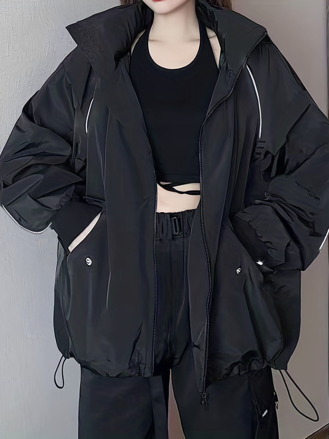 gbolsos Solid Hooded Jacket, Casual Zip Up Long Sleeve Outerwear With Pocket, Women's Clothing