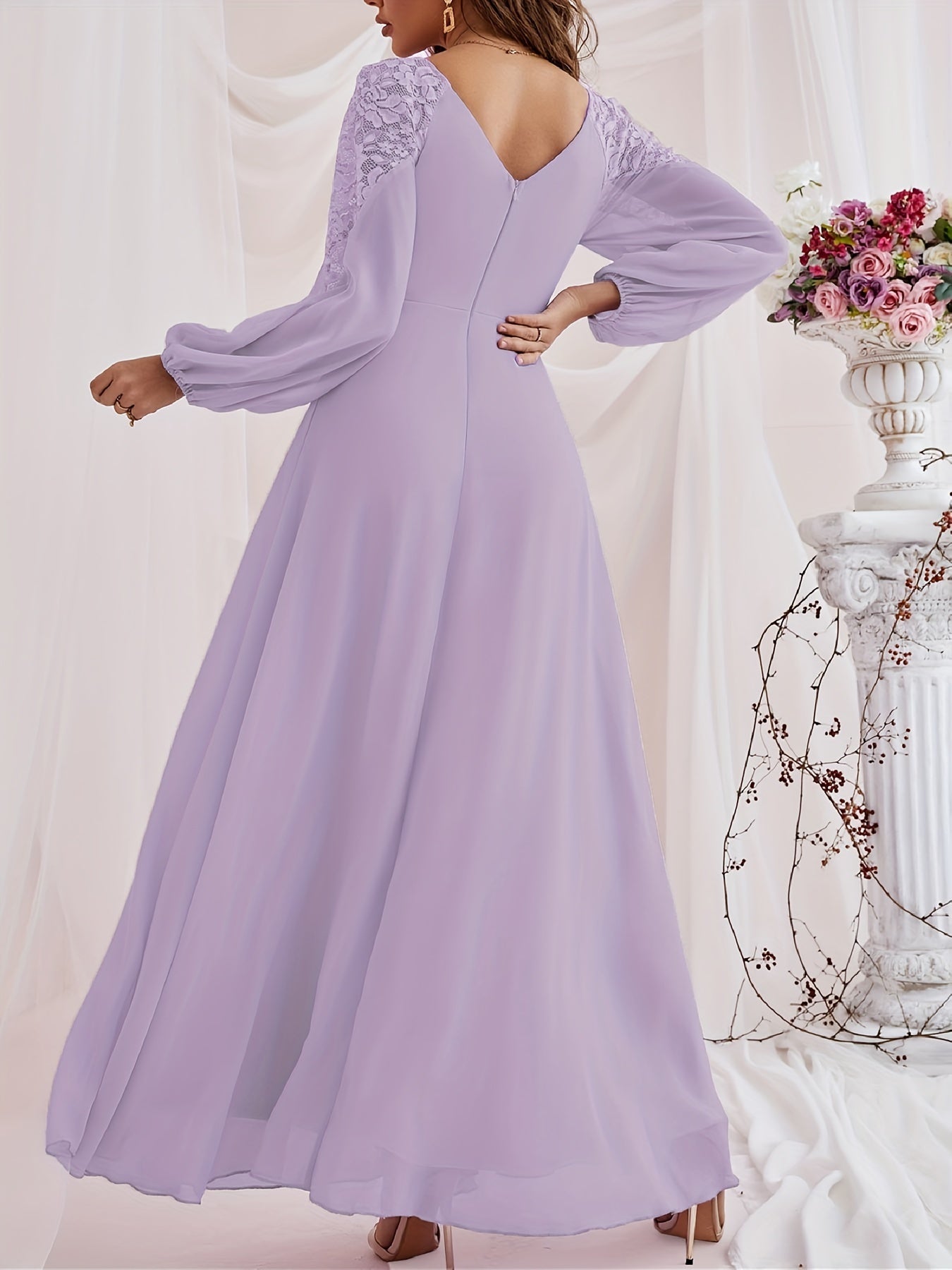 gbolsos Solid Contrast Lace Dress, Elegant V Neck Long Sleeve Maxi Dress, Women's Clothing