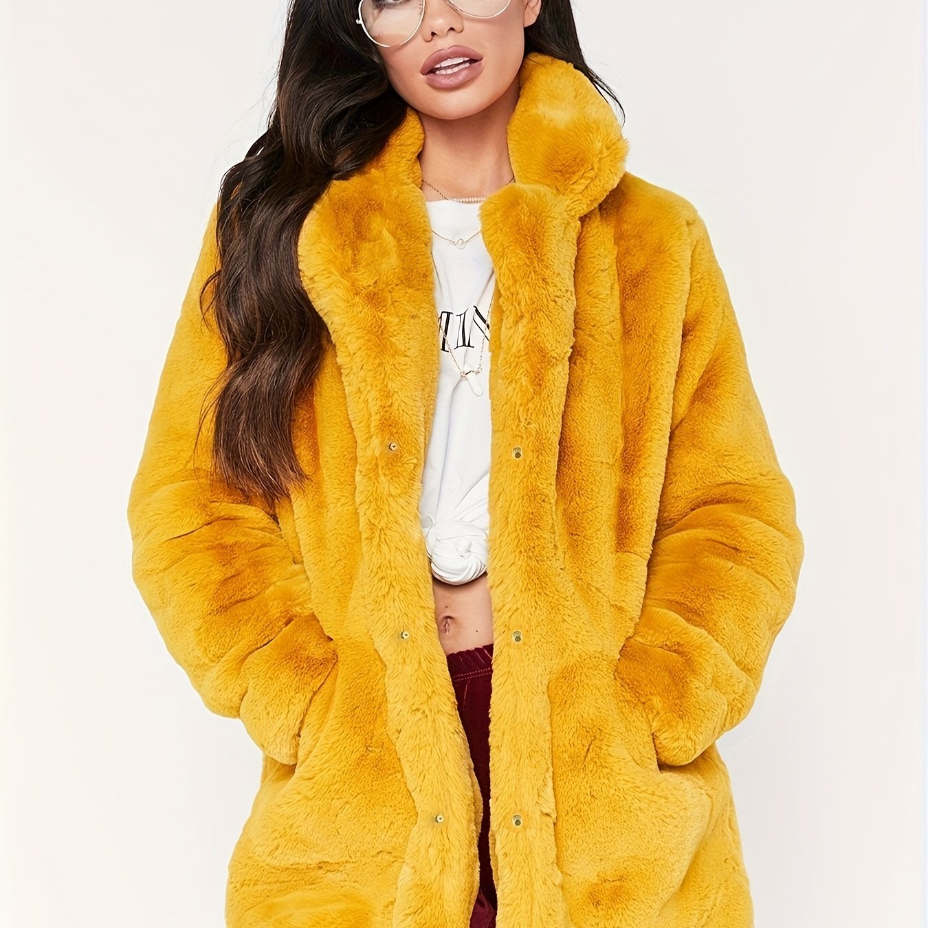 Plus Size Elegant Coat, Women's Plus Solid Teddy Fleece Button Up Long Sleeve Lapel Collar Coat