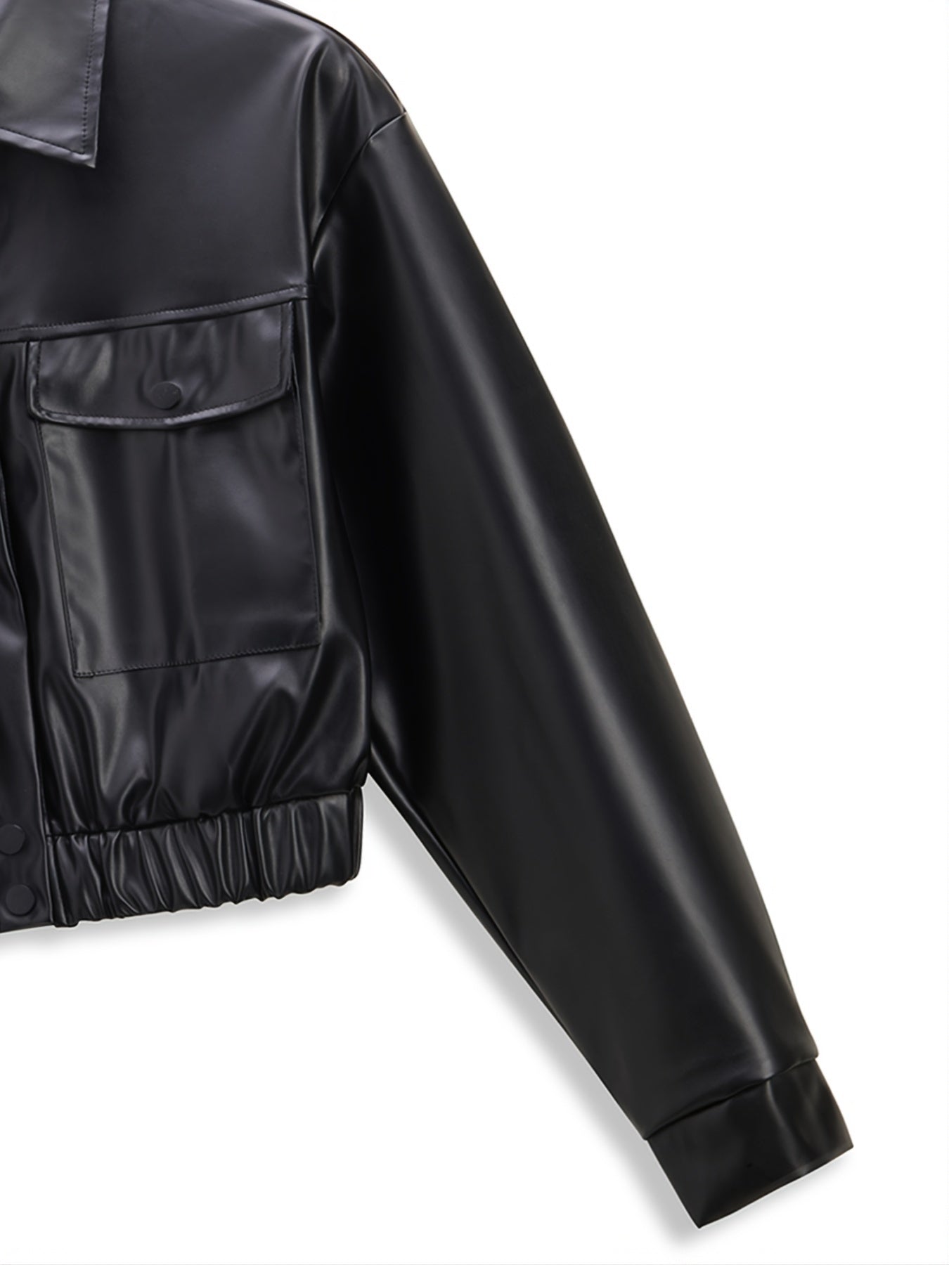 gbolsos PU Leather Turn Down Collar Jacket, Casual Elastic Hem Button Front Outerwear With Pockets, Women's Clothing