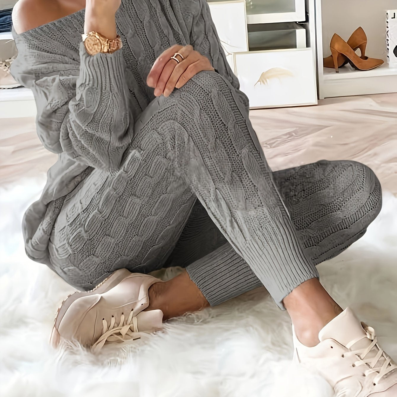 gbolsos Solid Knitted Matching Two-piece Set, Casual Long Sleeve Sweater & Pants Outfits, Women's Clothing