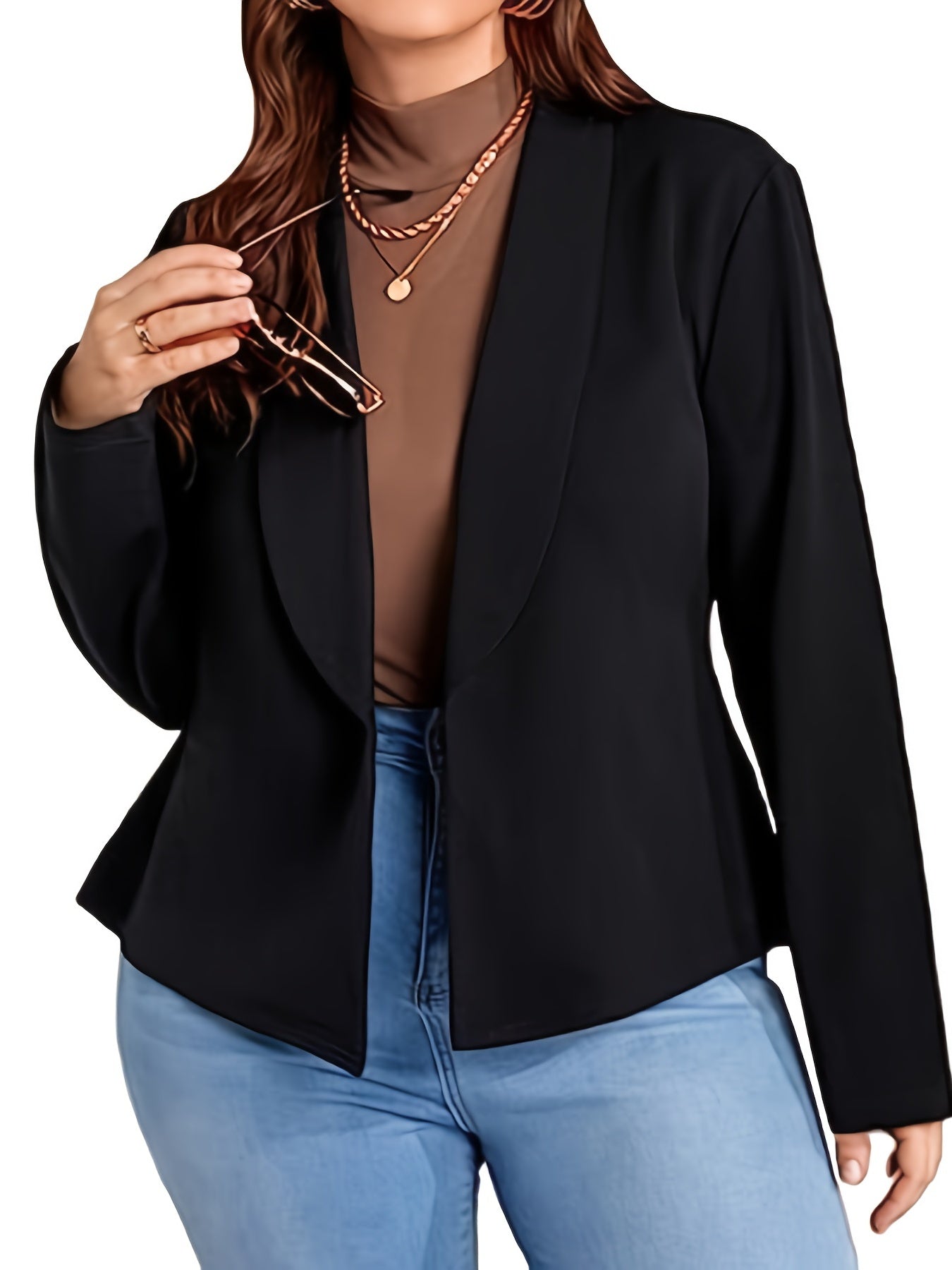 Plus Size Casual Blazer, Women's Plus Solid Ruffle Hem Nipped Waist Lapel Collar Long Sleeve Blazer