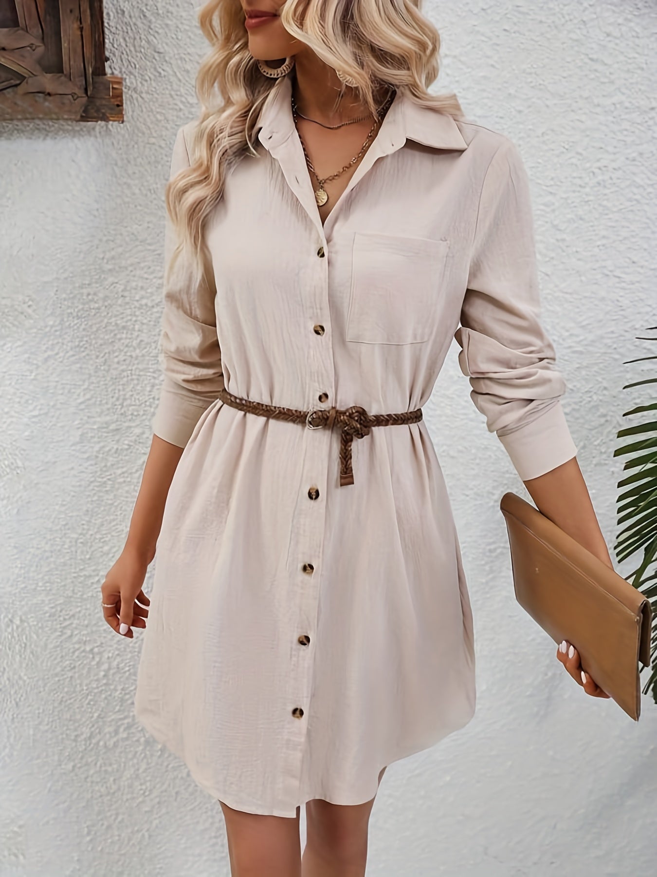 gbolsos Button Front Long Length Shirt, Elegant Solid Long Sleeve Shirt, Women's Clothing