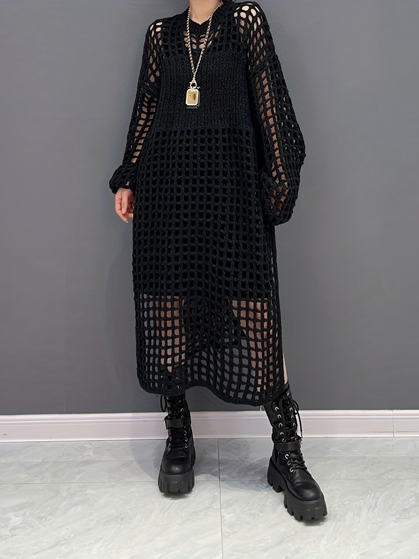 Crochet Split Thigh Dress, Casual Solid Long Sleeve Maxi Dress, Women's Clothing