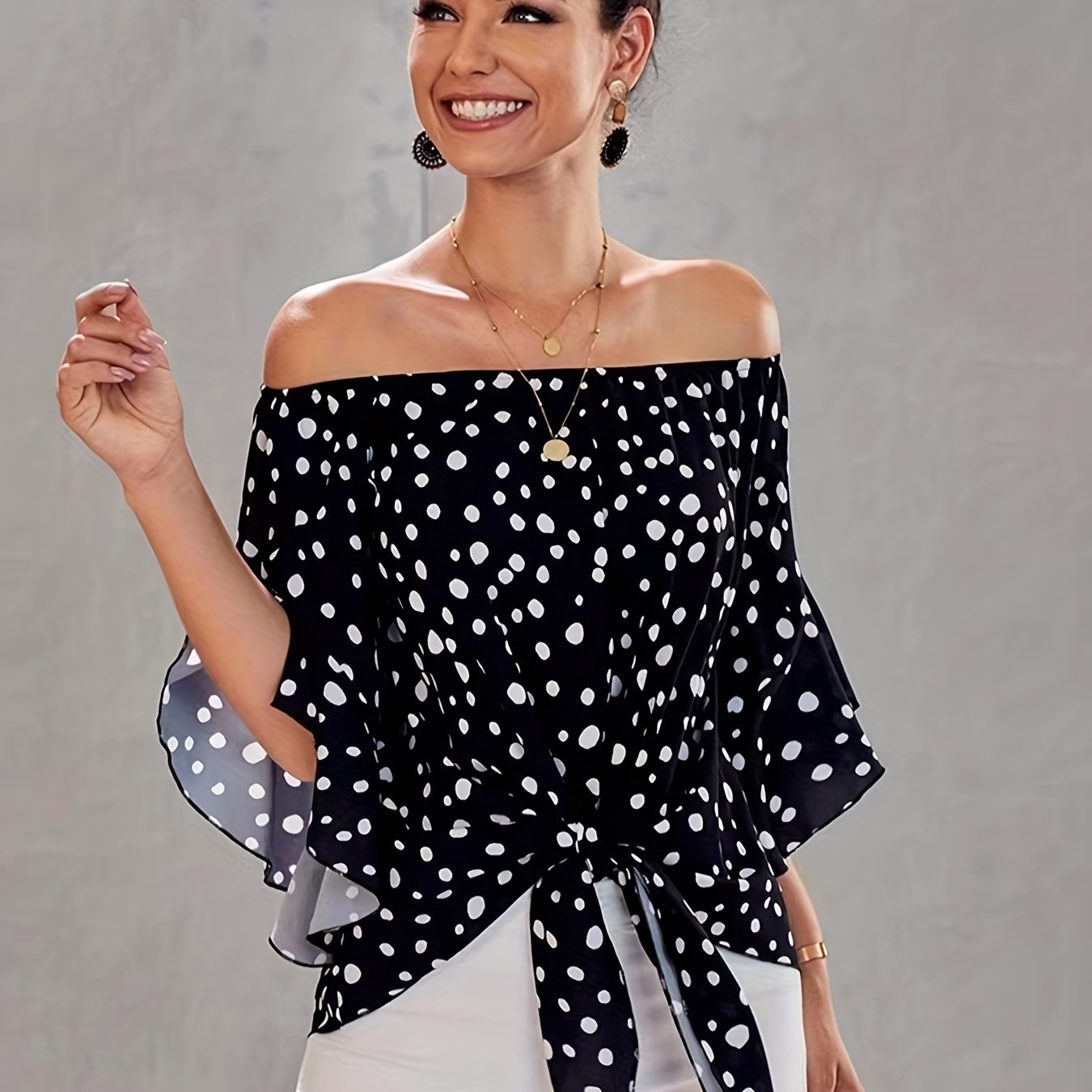 gbolsos Polka Dot Off Shoulder Tie Front Blouse, Sexy Bell Sleeve Blouse For Spring & Summer, Women's Clothing