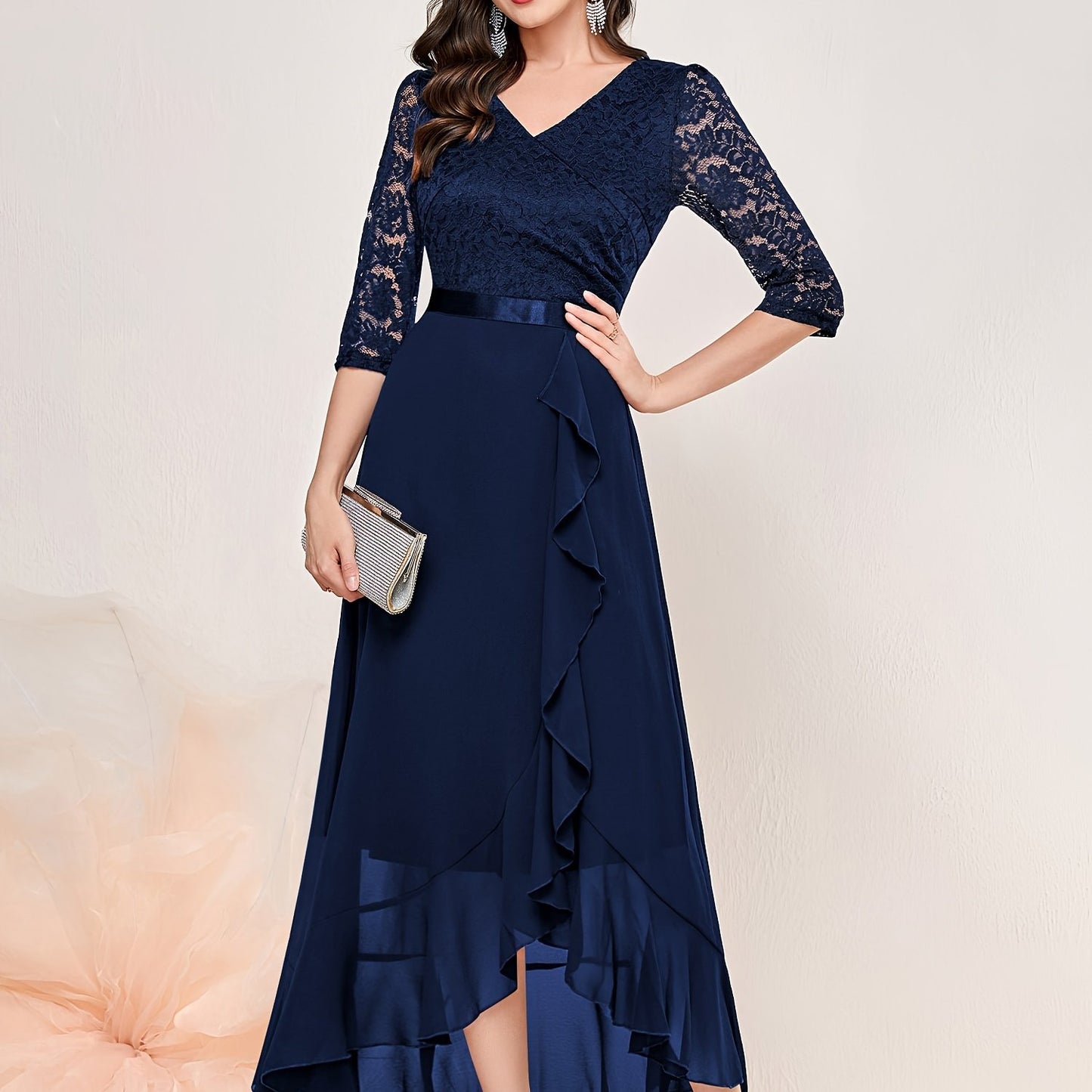 gbolsos Solid V Neck Lace Splicing Dress, Elegant Ruffle Trim Dress For Wedding & Banquet, Women's Clothing