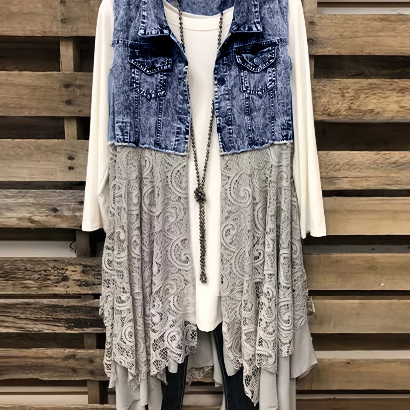 Lace High Low Trim Denim Vest Dress, Flap Pockets Raw Hem Lady Distressed Vest Dress, Women's Denim & Clothing