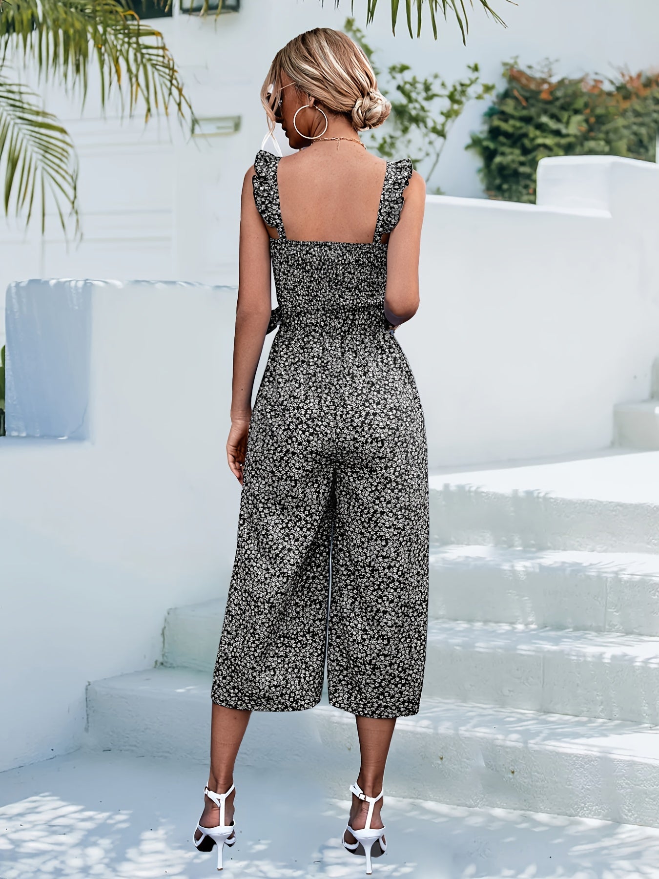 gbolsos Boho Ditsy Lace Up Jumpsuit, Casual Holiday Sleeveless Ruffle Hem Wide Leg Jumpsuit, Women's Clothing