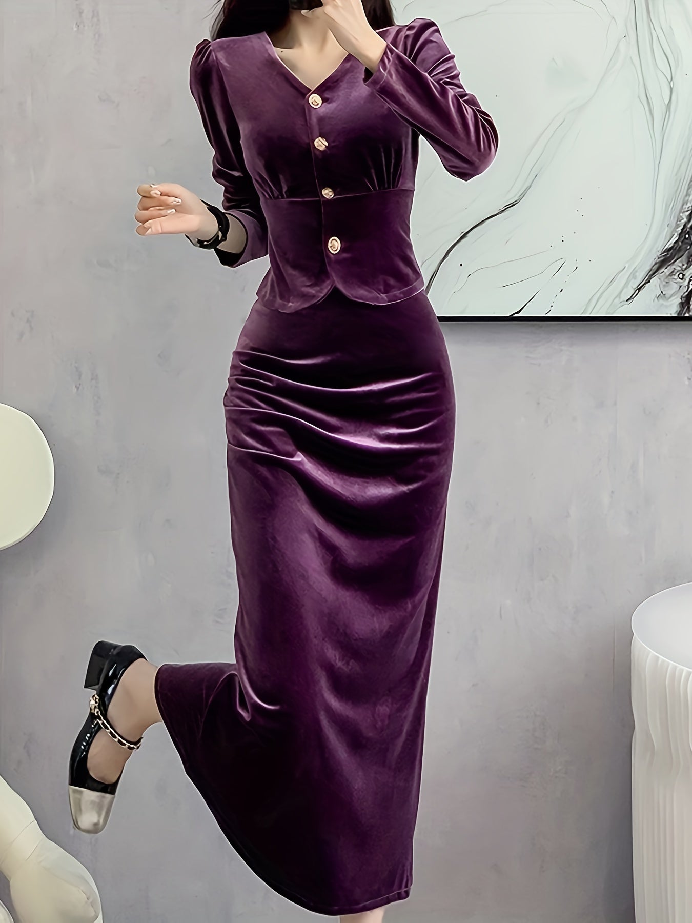 Solid Bodycon Two-piece Set, Button Front Long Sleeve Tops & High Waist Midi Skirts Outfits, Women's Clothing