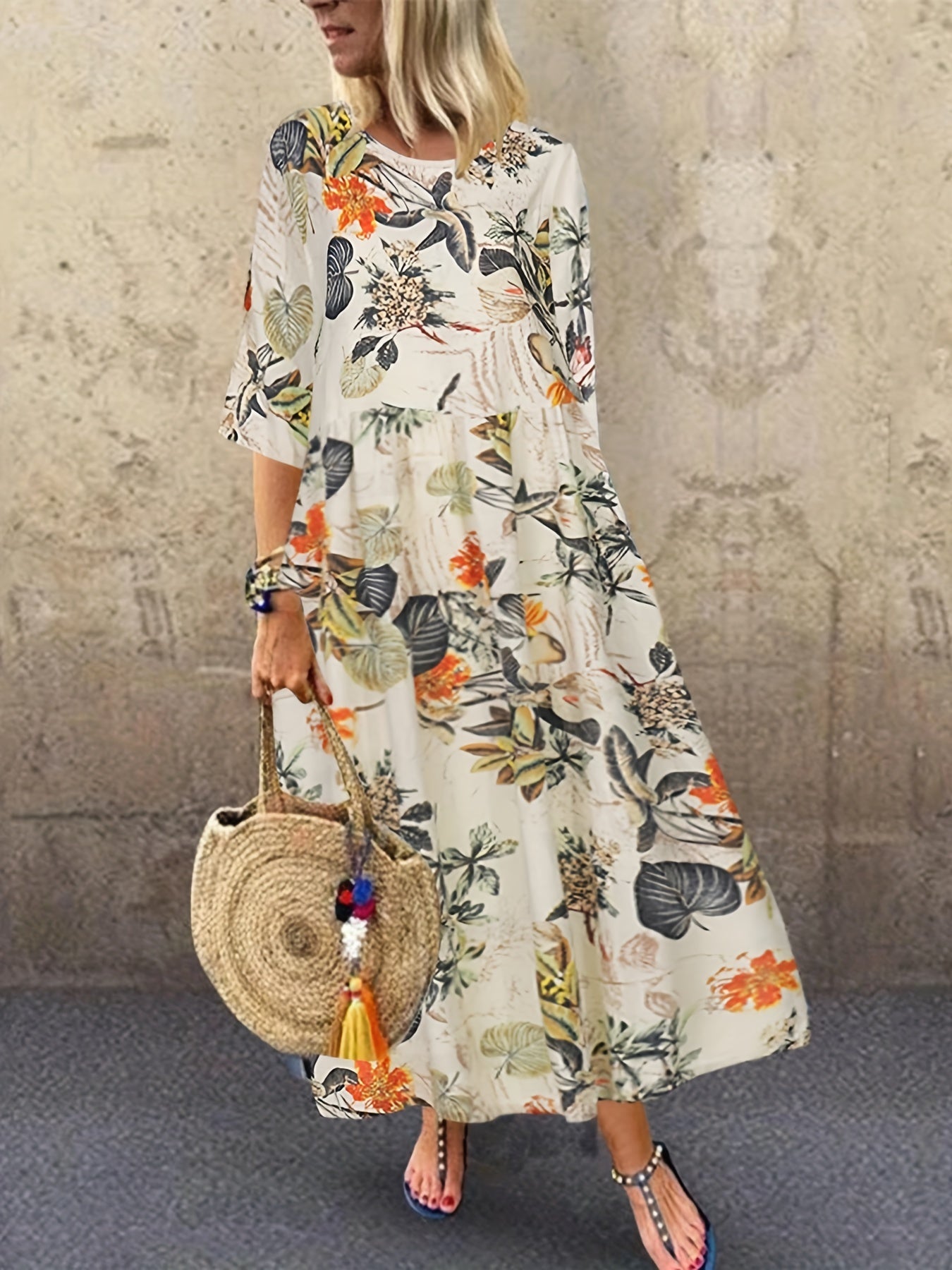 gbolsos Plus Size Casual Dress, Women's Plus Floral Print Half Sleeve Round Neck Maxi Dress