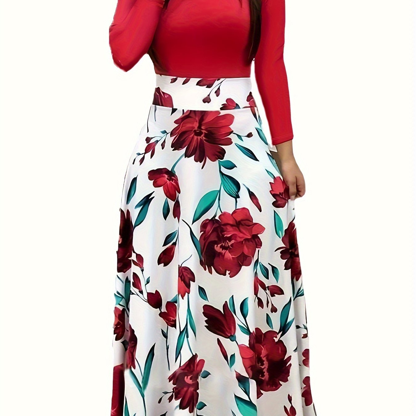gbolsos Floral Print Long Sleeve Dress, Elegant Crew Neck Pleated Maxi Dress, Women's Clothing