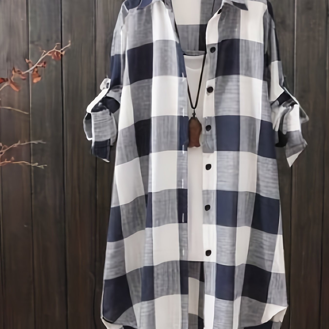 Plaid Print Dipped Hem Shirt, Casual Mid Length Button Front Turn Down Collar Long Sleeve Shirt, Women's Clothing