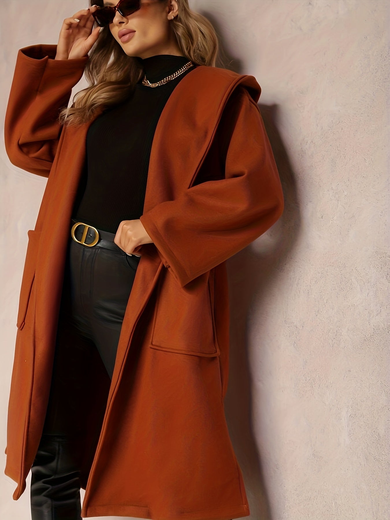 Plus Size Casual Coat, Women's Plus Solid Long Sleeve Open Front Hooded Side Split Hooded Longline Woolen Coat With Belt
