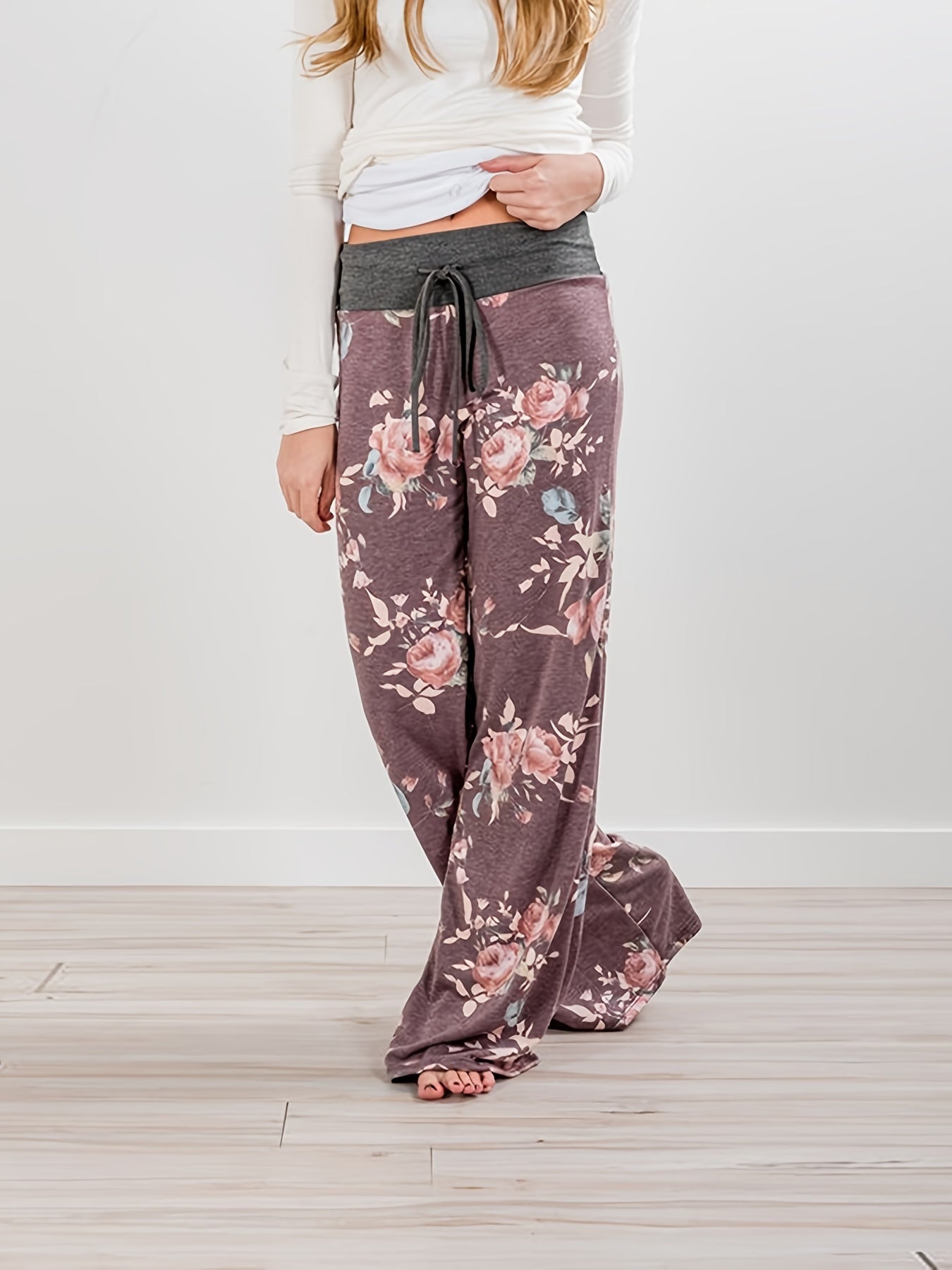 Loose Wide Leg Pants, Casual Yoga Low Waist Solid Floral Print Summer Comfy Pants, Women's Clothing