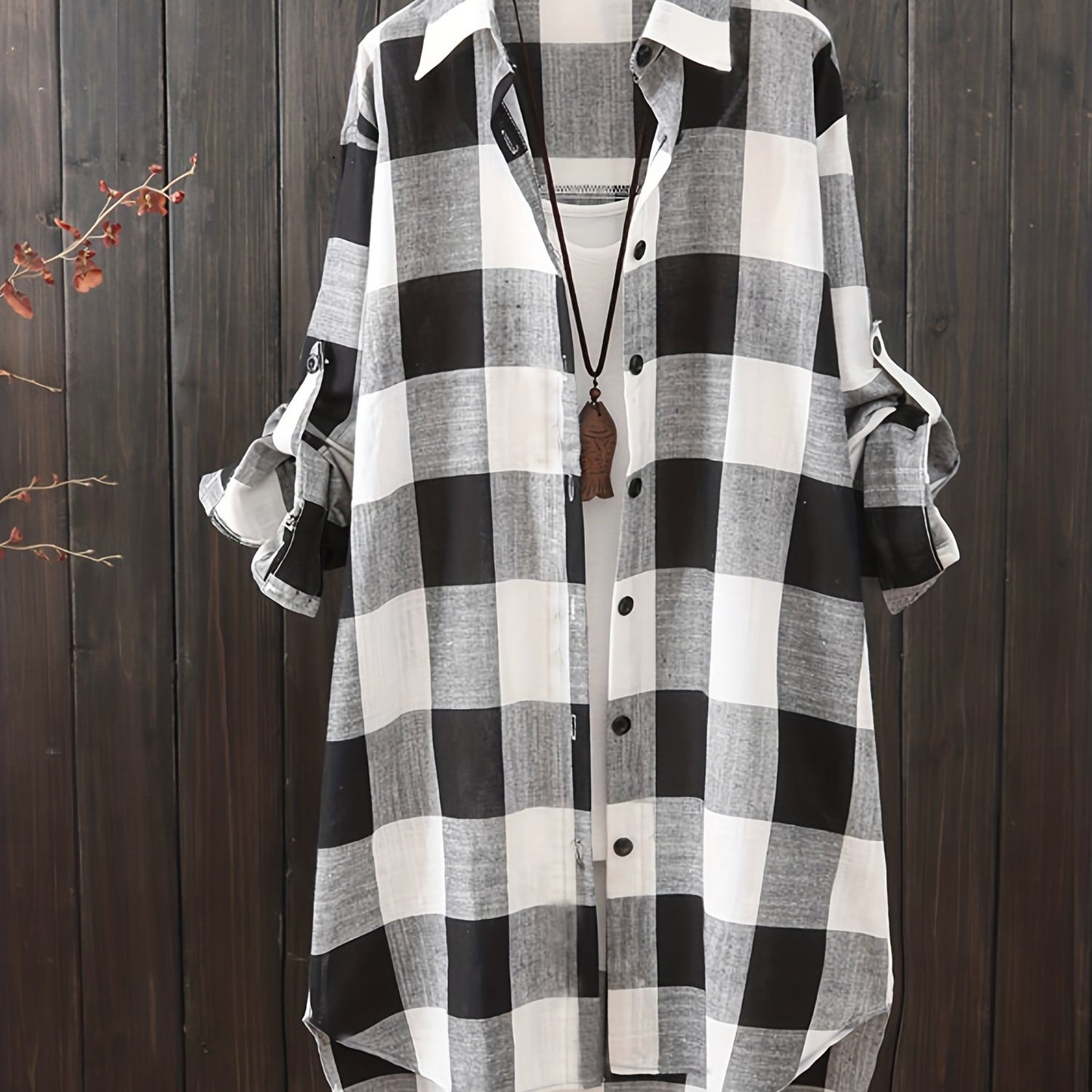 gbolsos Plaid Print Dipped Hem Shirt, Casual Mid Length Button Front Turn Down Collar Long Sleeve Shirt, Women's Clothing