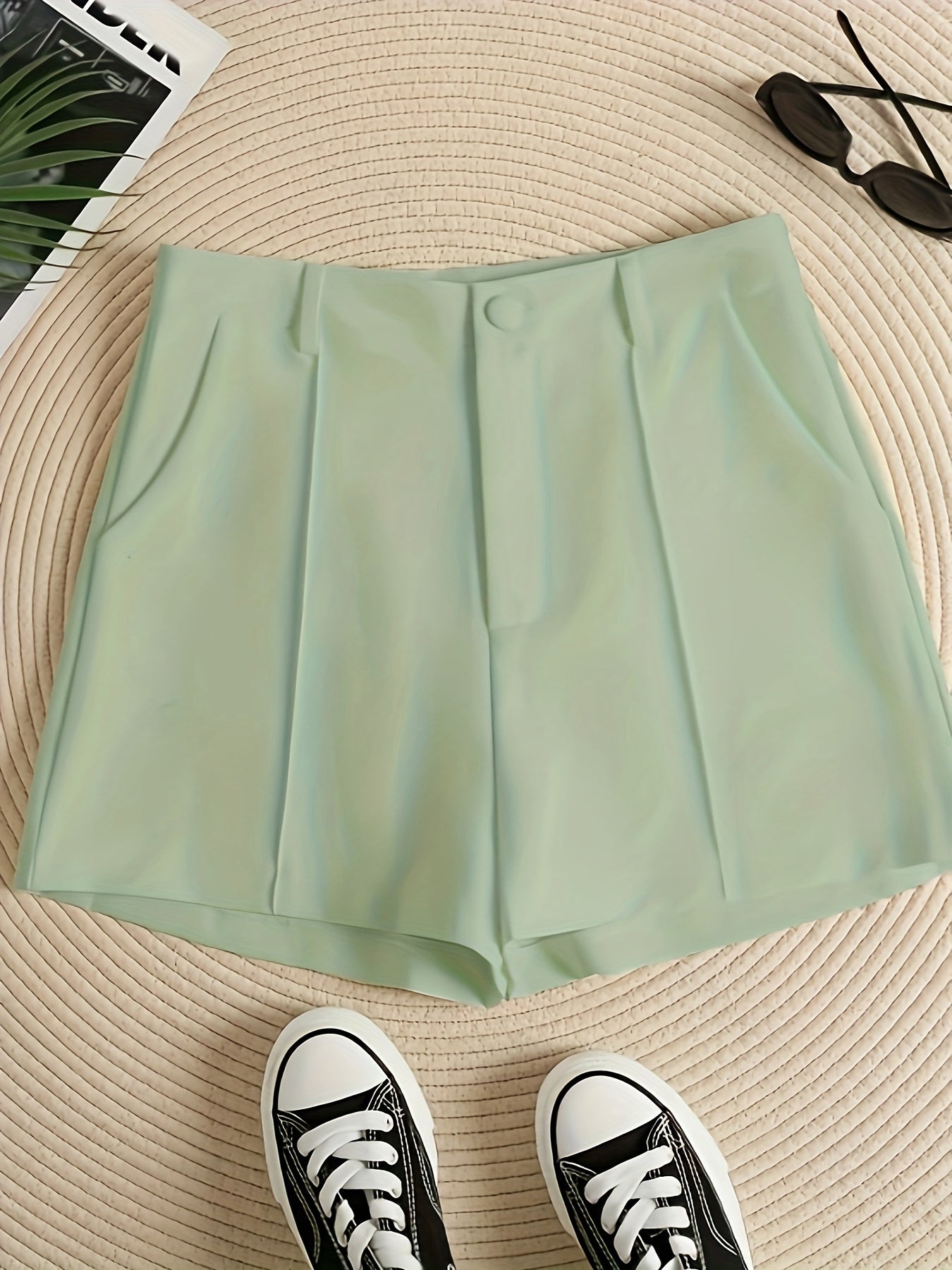 gbolsos Solid Color High Waist Shorts, Casual Zipper Front Shorts For Spring & Summer, Women's Clothing