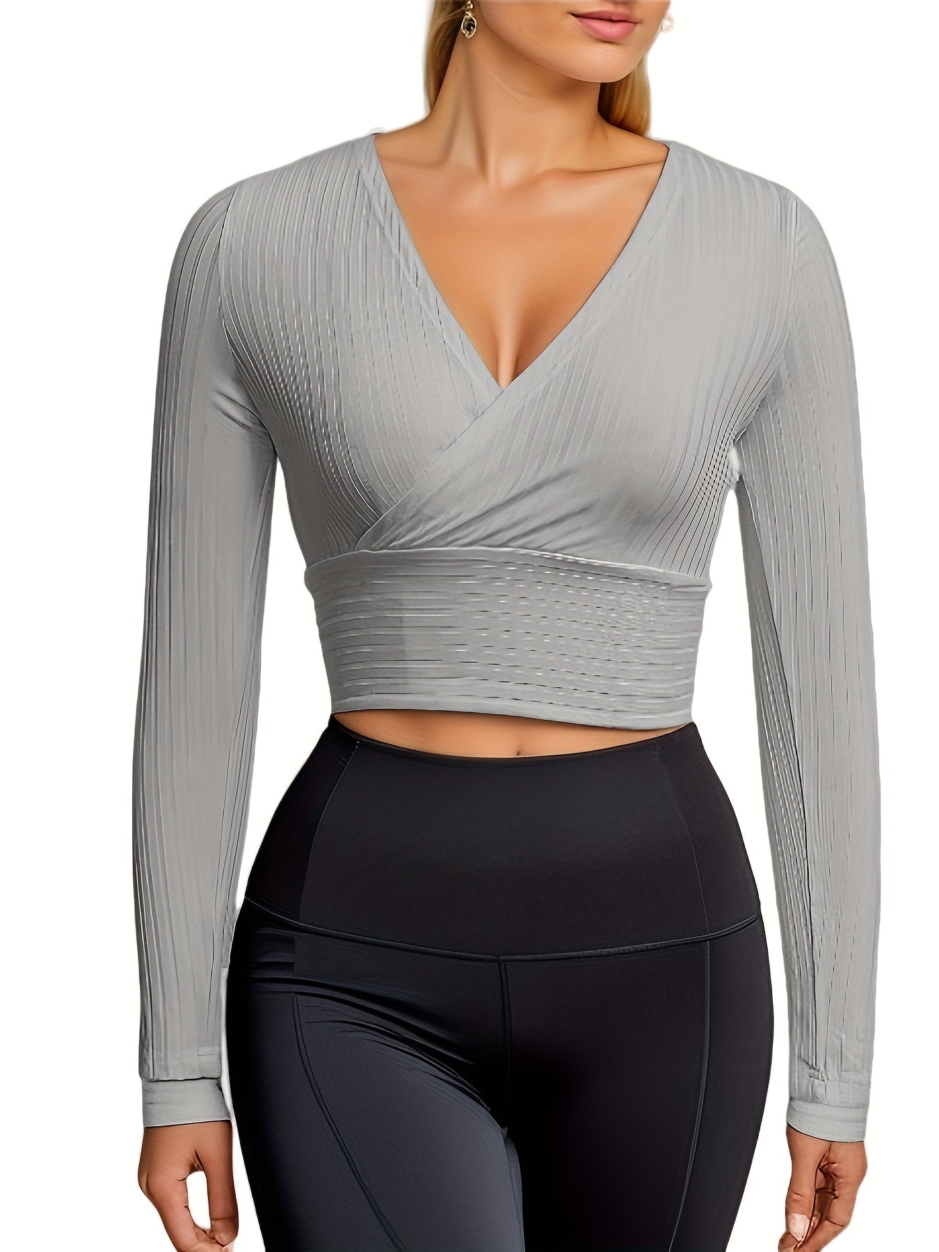 gbolsos Ribbed Solid Deep V Neck Long Sleeve Cross Wrap Crop Tops , Women's Clothings