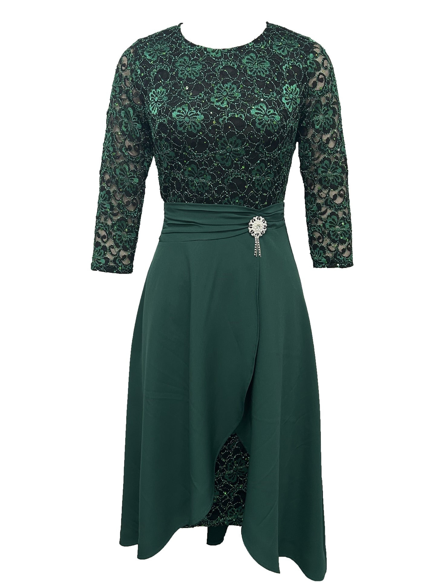 gbolsos Solid Elegant Two-piece Set, Ruffle Trim High Waist Skirts & Contrast Lace Party Dress Outfits, Women's Clothing