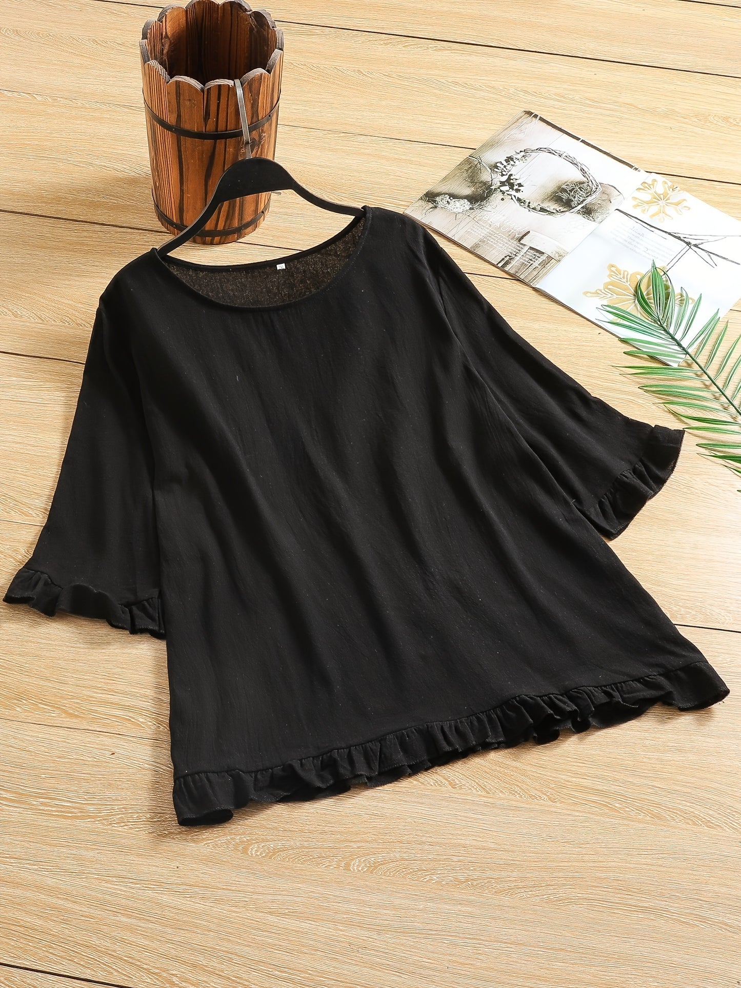 solvbao Plus Size Casual Top, Women's Plus Solid Lettuce Trim Half Sleeve Round Neck Slight Stretch Top