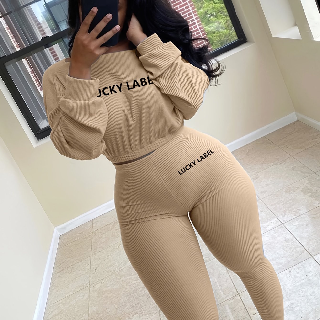 gbolsos Letter Print 2pc Set, Drop Shoulder Crew Neck Sweatshirt & Elastic Waist Jogging Pants Set, Women's Clothing