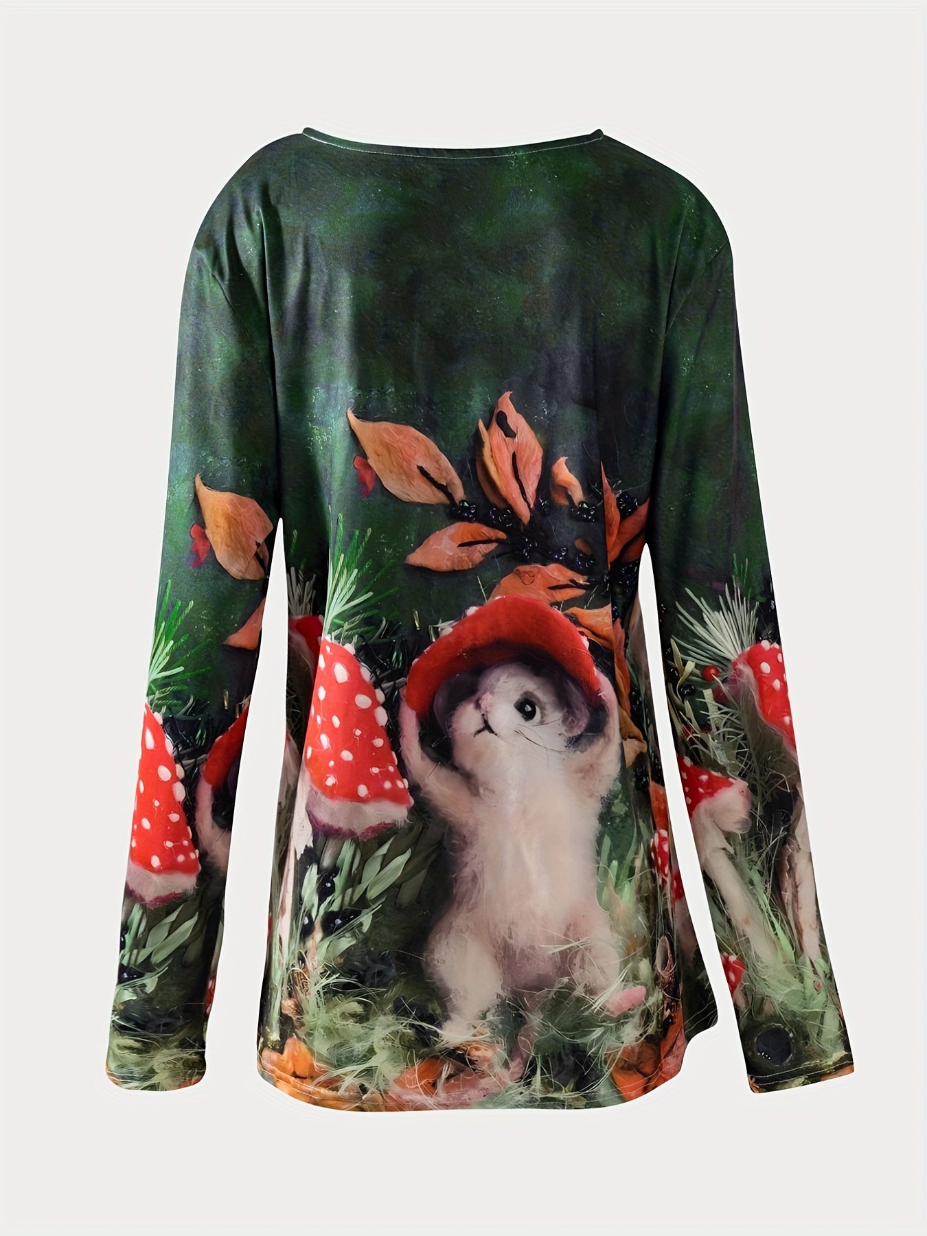 gbolsos Mushroom & Animal Print Crew Neck T-Shirt, Casual Long Sleeve Top For Spring & Fall, Women's Clothing