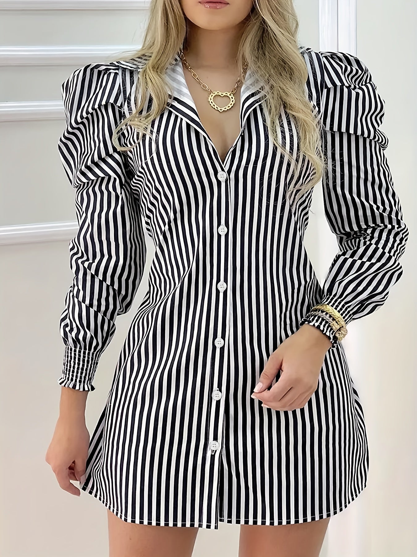 gbolsos Striped Print Mini Dress, Casual Button Front Puff Long Sleeve Dress, Women's Clothing