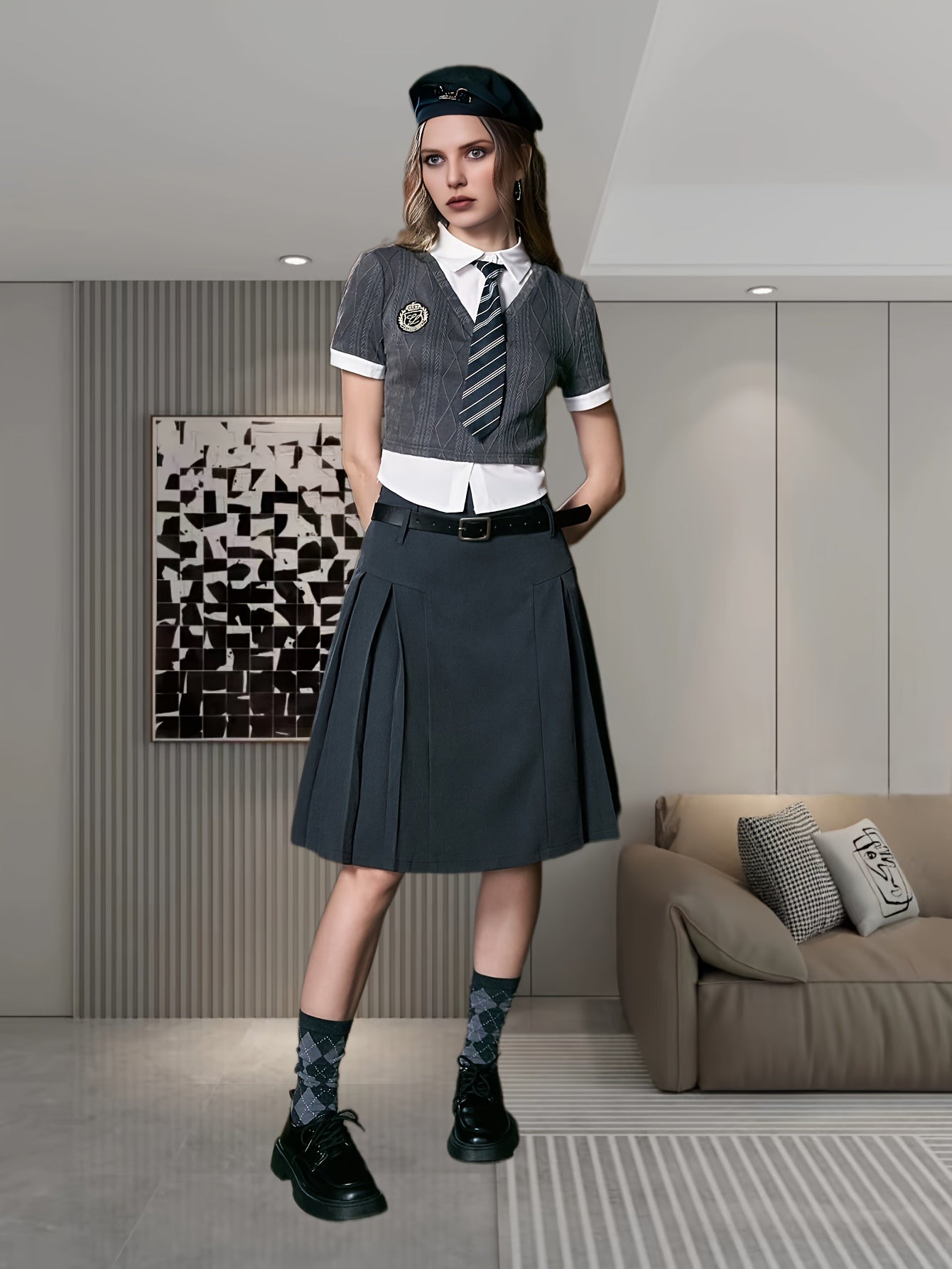 gbolsos Solid High Waist Pleated Skirt, Casual Knee Length Fashion Suit Skirt, Women's Clothing