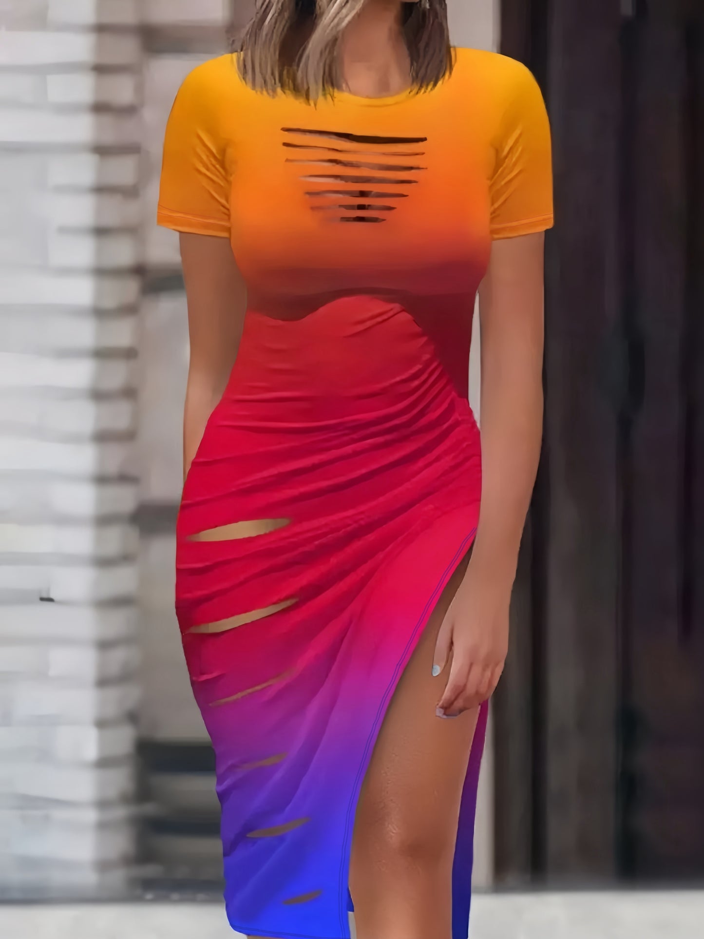 gbolsos Cut Out Drawstring Dress, Sexy Bodycon Split Short Sleeve Dress, Women's Clothing