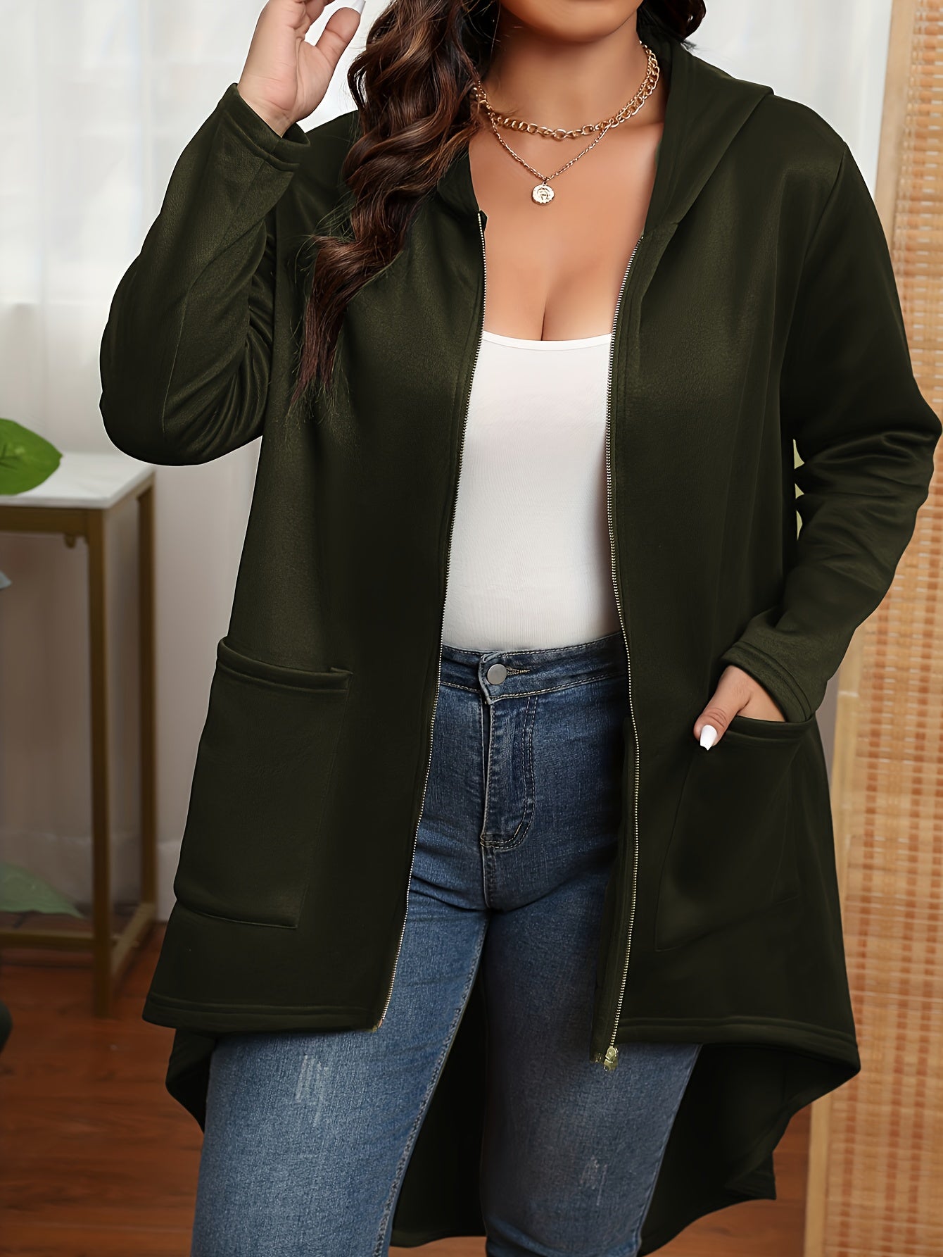 Plus Size Casual Coat, Women's Plus Solid Zip Up Long Sleeve Asymmetrical Hem Hooded Tunic Coat With Pockets
